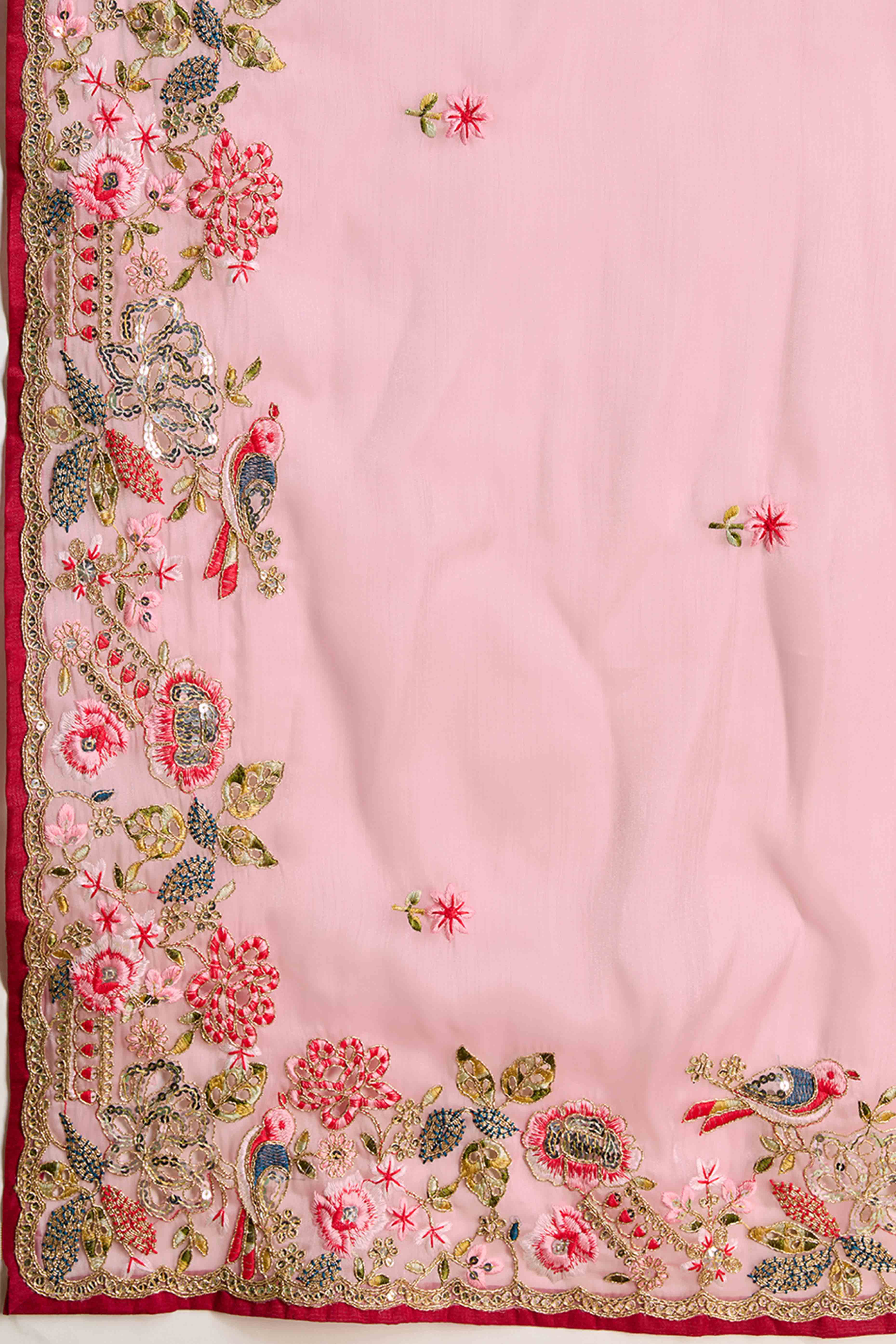 Light Peach Floral Design Organza Saree with Glittering Sequins Embroidery