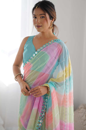 Multicolor Mirror Work Embroidered Georgette Saree