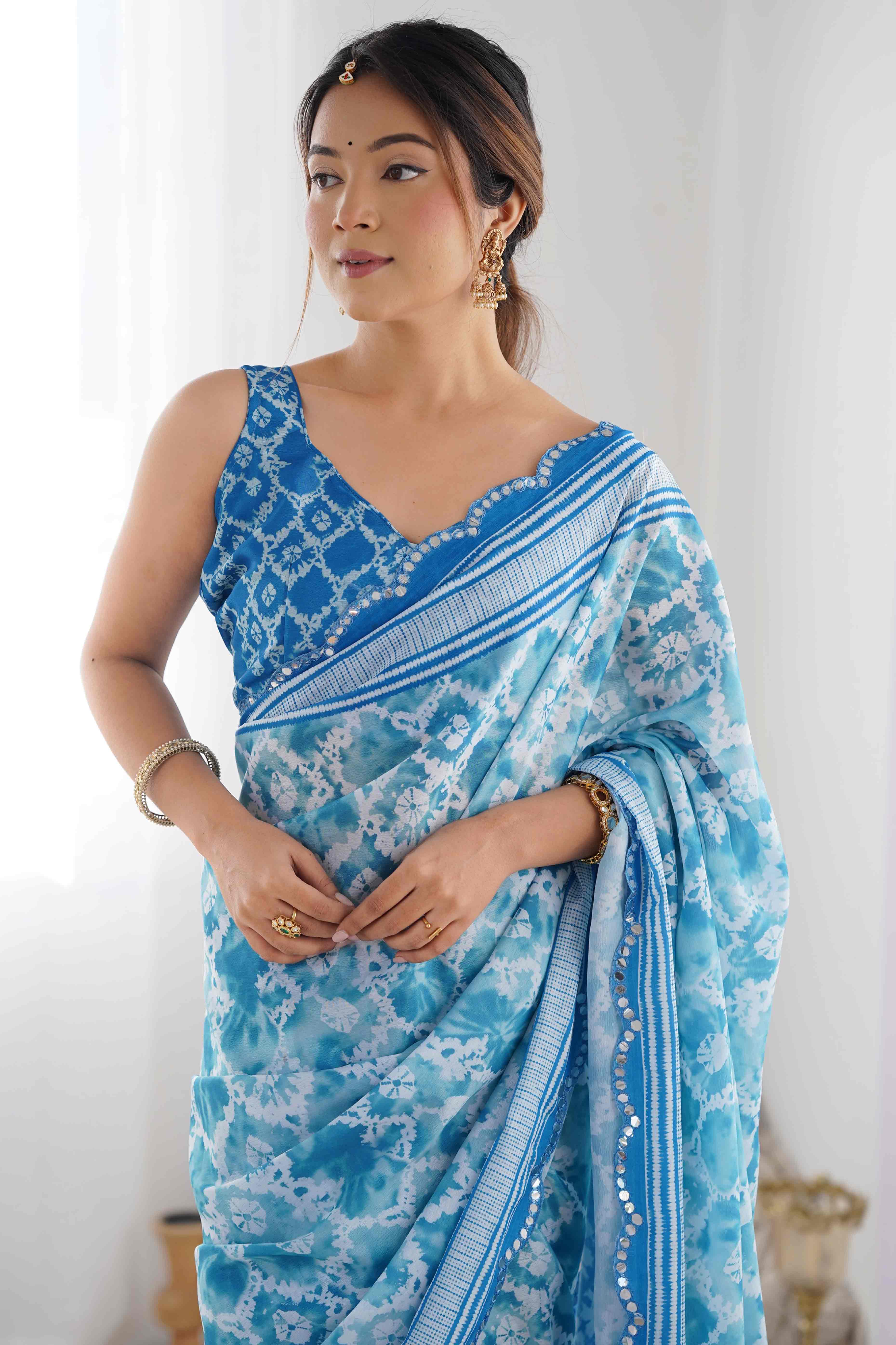 Blue Tie Dye Printed Chinon Saree