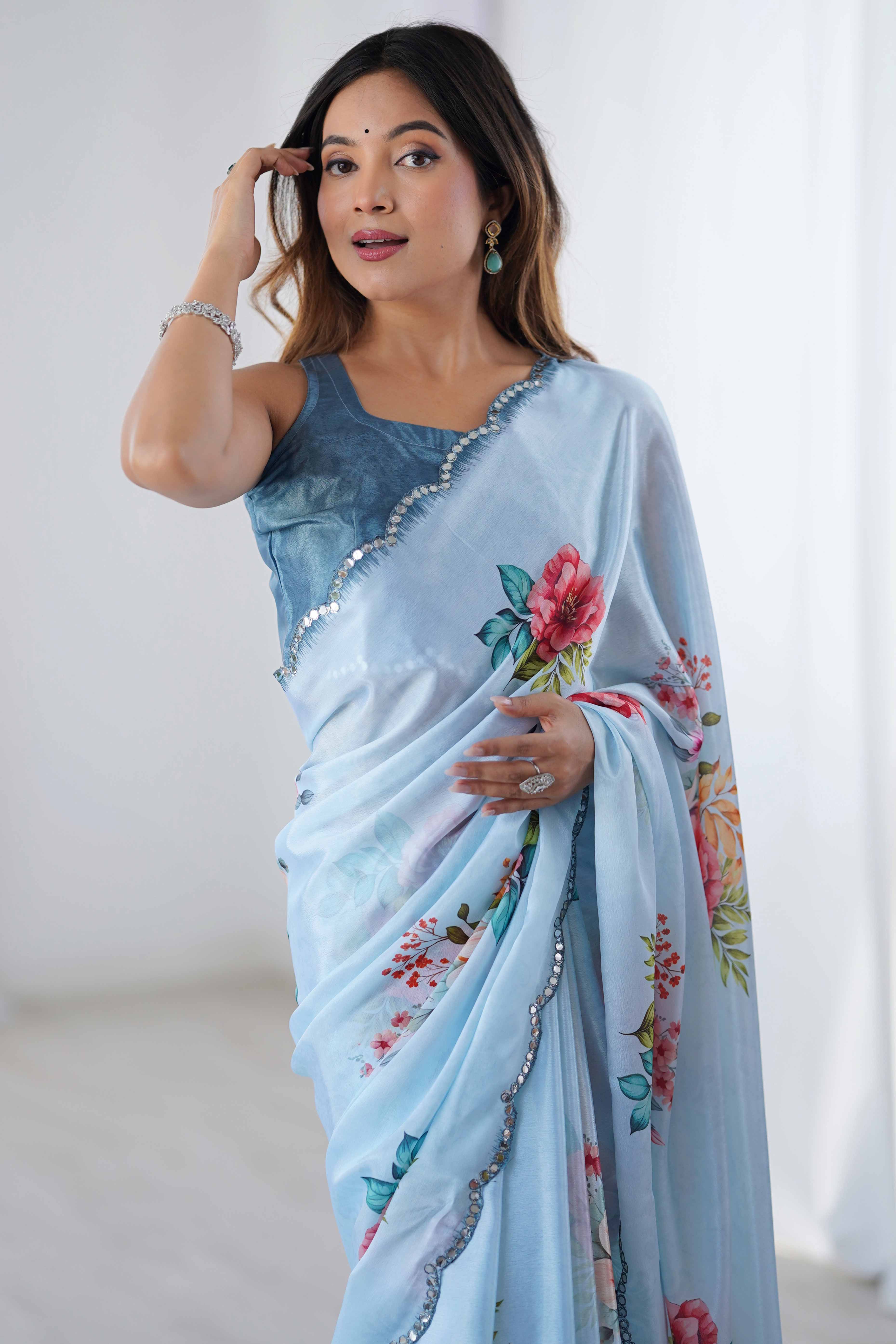 Sky Blue Chinon Saree with Glimmering Mirror Work and Floral Prints