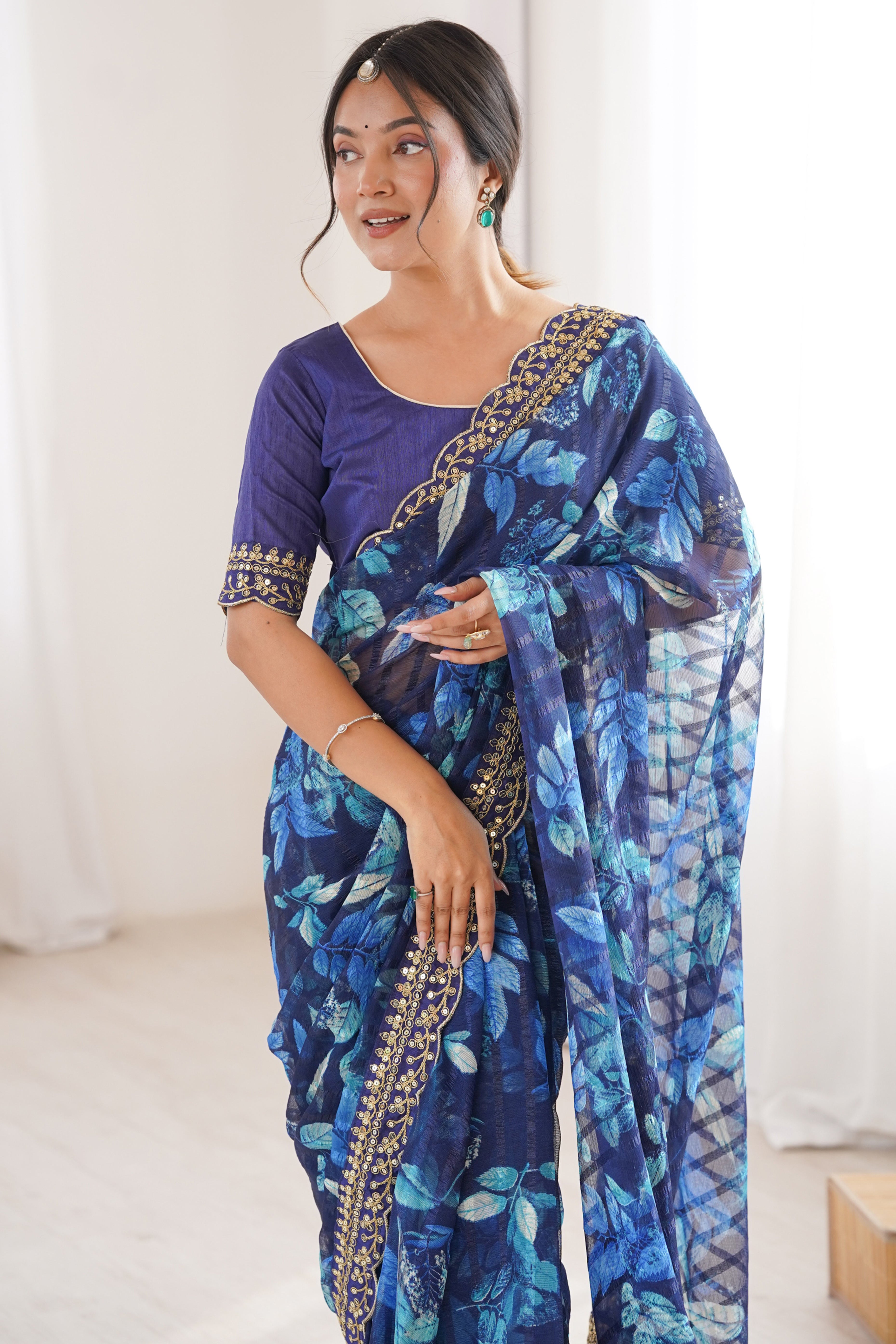 Elegant Blue Leaf & Floral Print Georgette Saree With Intricate Cording Sequins Embroidery Border