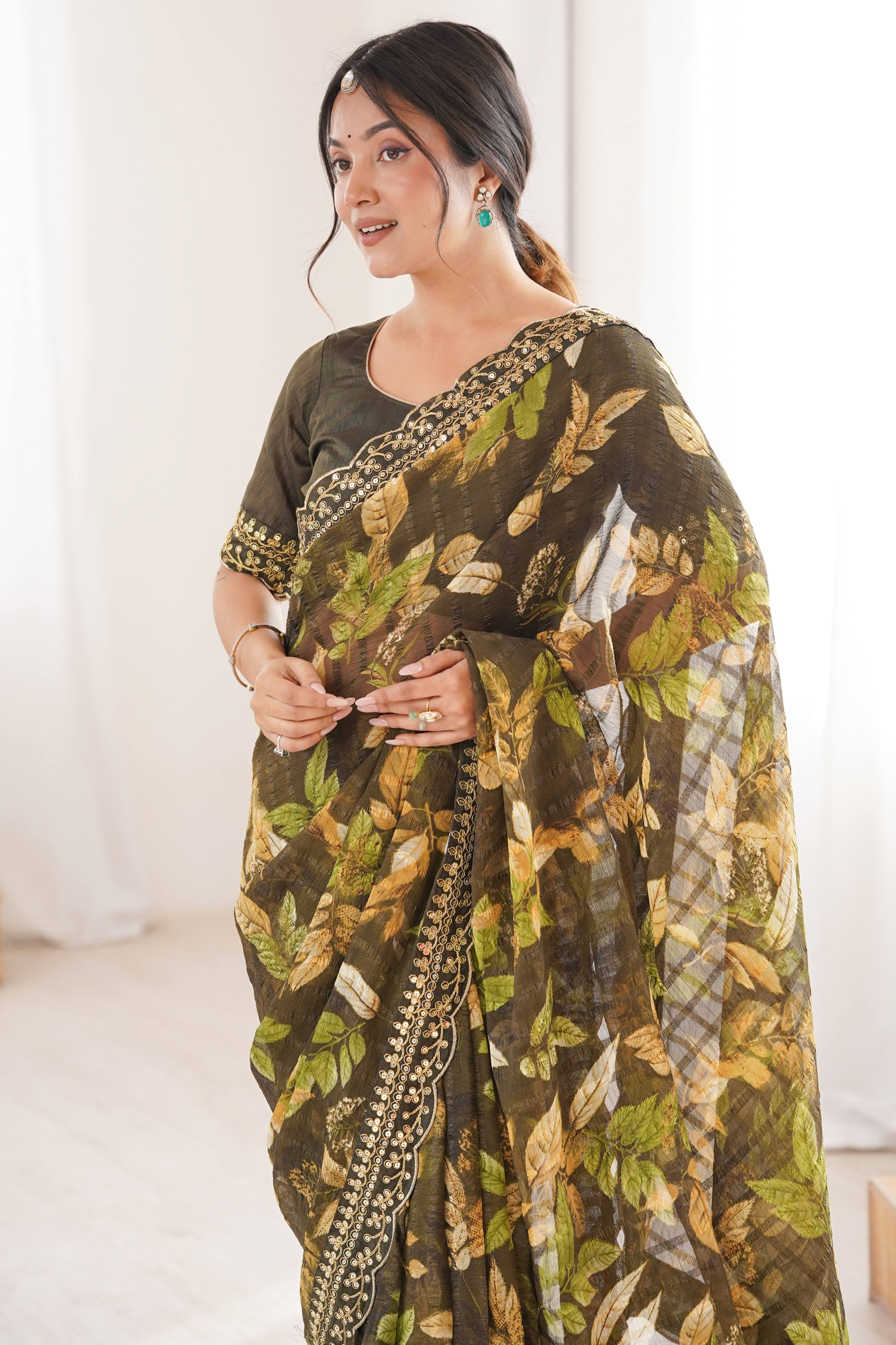 Elegant Green Leaf & Floral Print Georgette Saree With Intricate Cording Sequins Embroidery Border