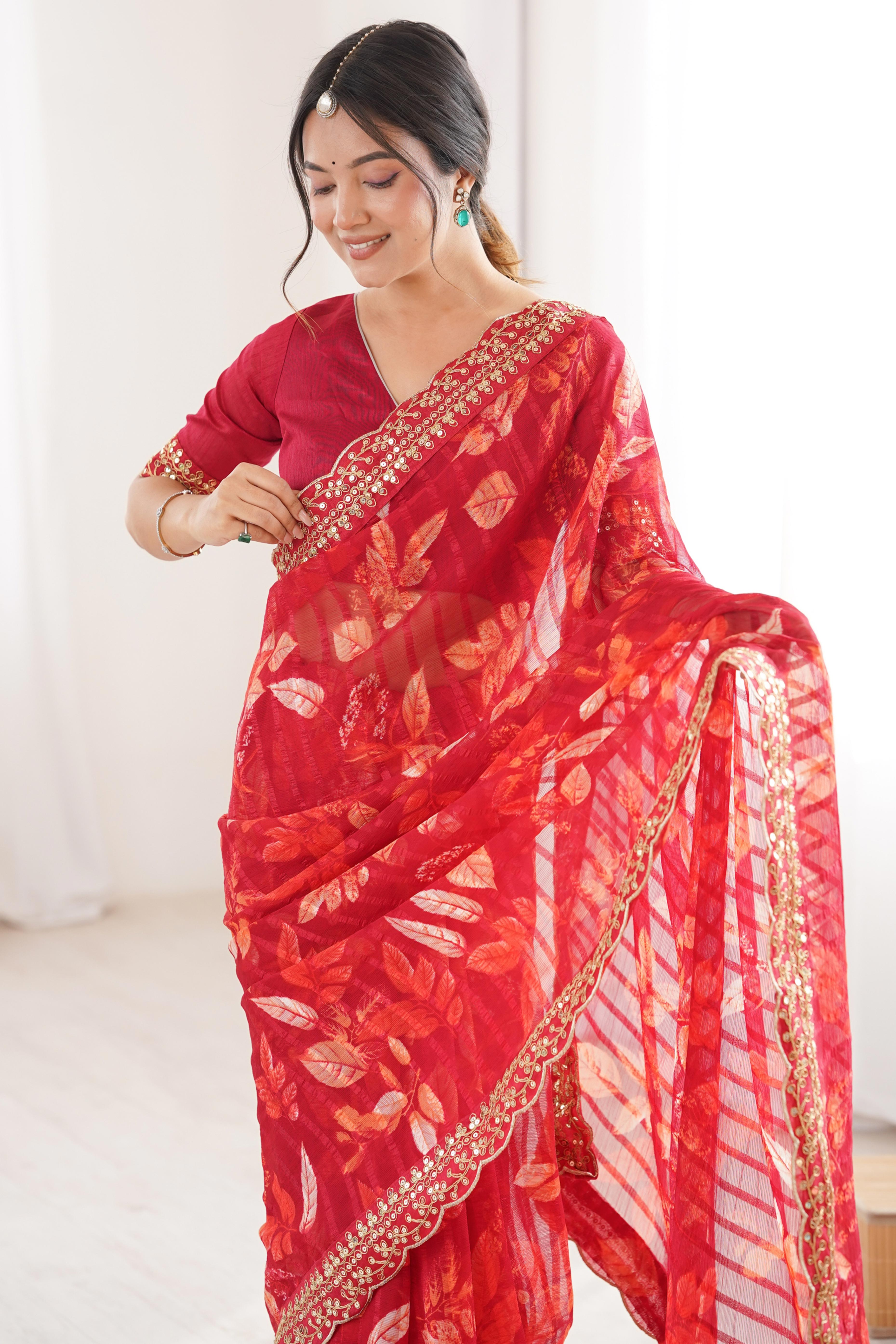Elegant Red Leaf & Floral Print Georgette Saree With Intricate Cording Sequins Embroidery Border