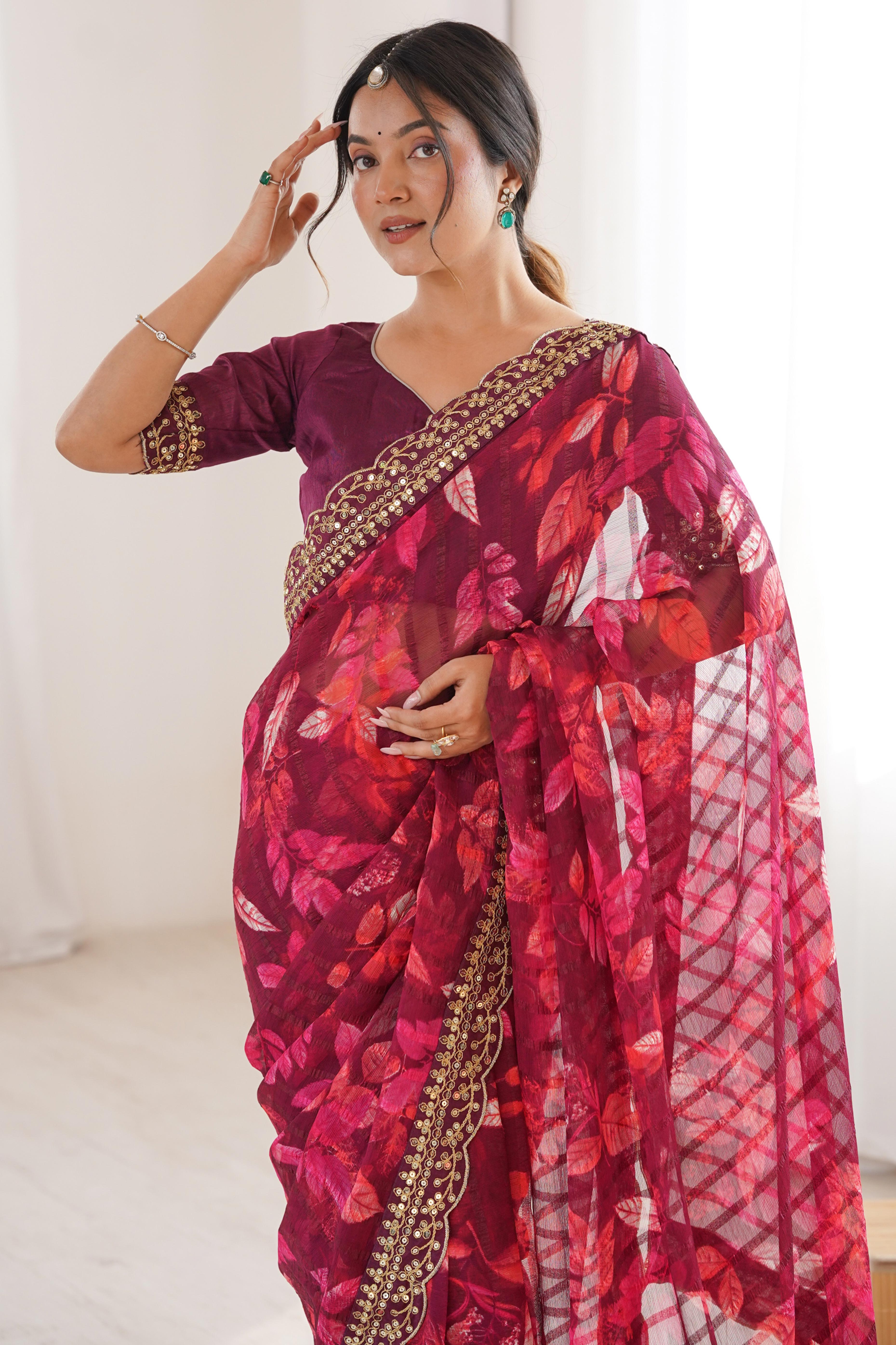 Elegant Wine Leaf & Floral Print Georgette Saree With Intricate Cording Sequins Embroidery Border