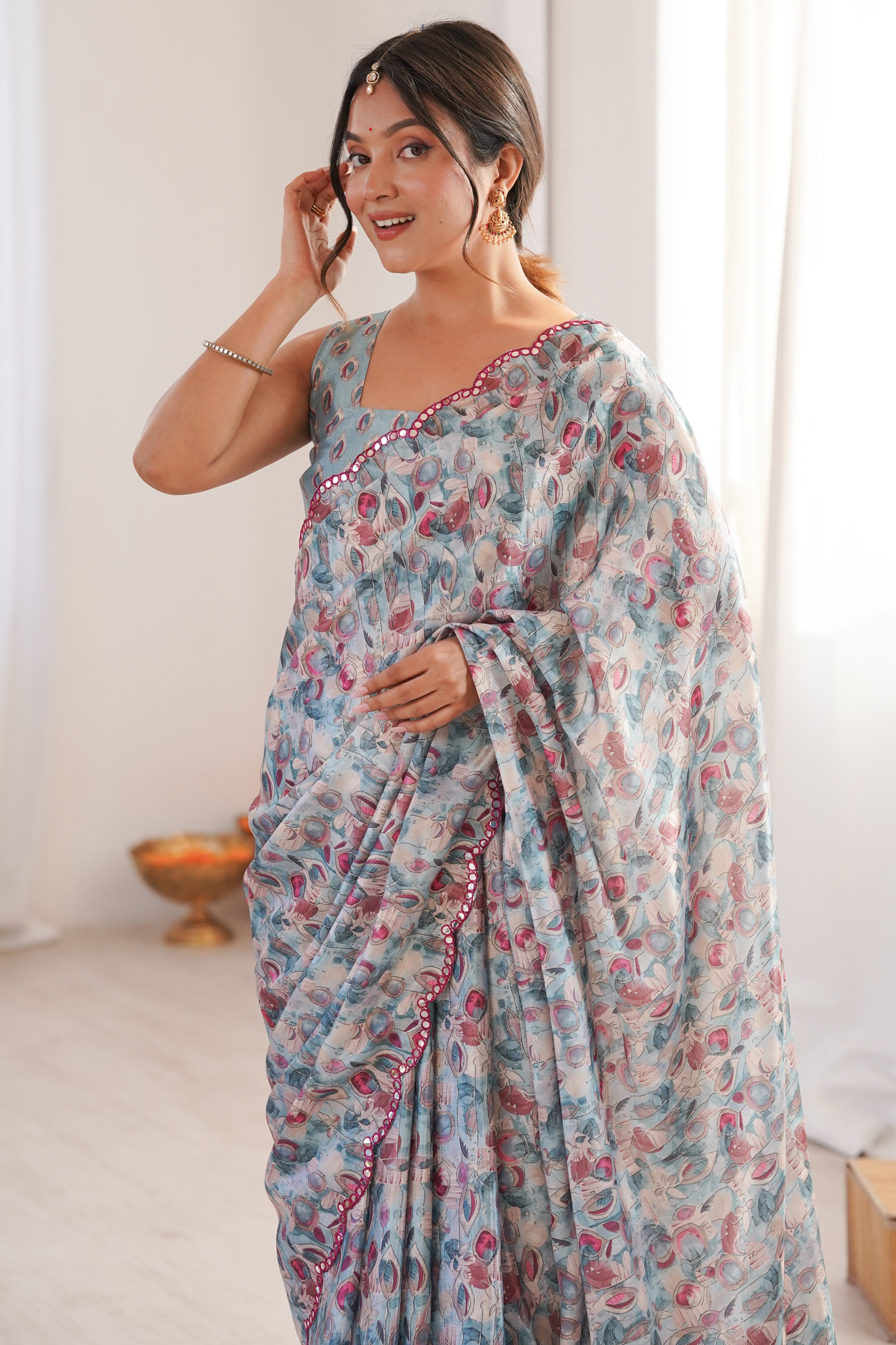Chic Grey Floral Pattern Digital Printed Chinon Saree With Delicate Embroidered Border Detailing