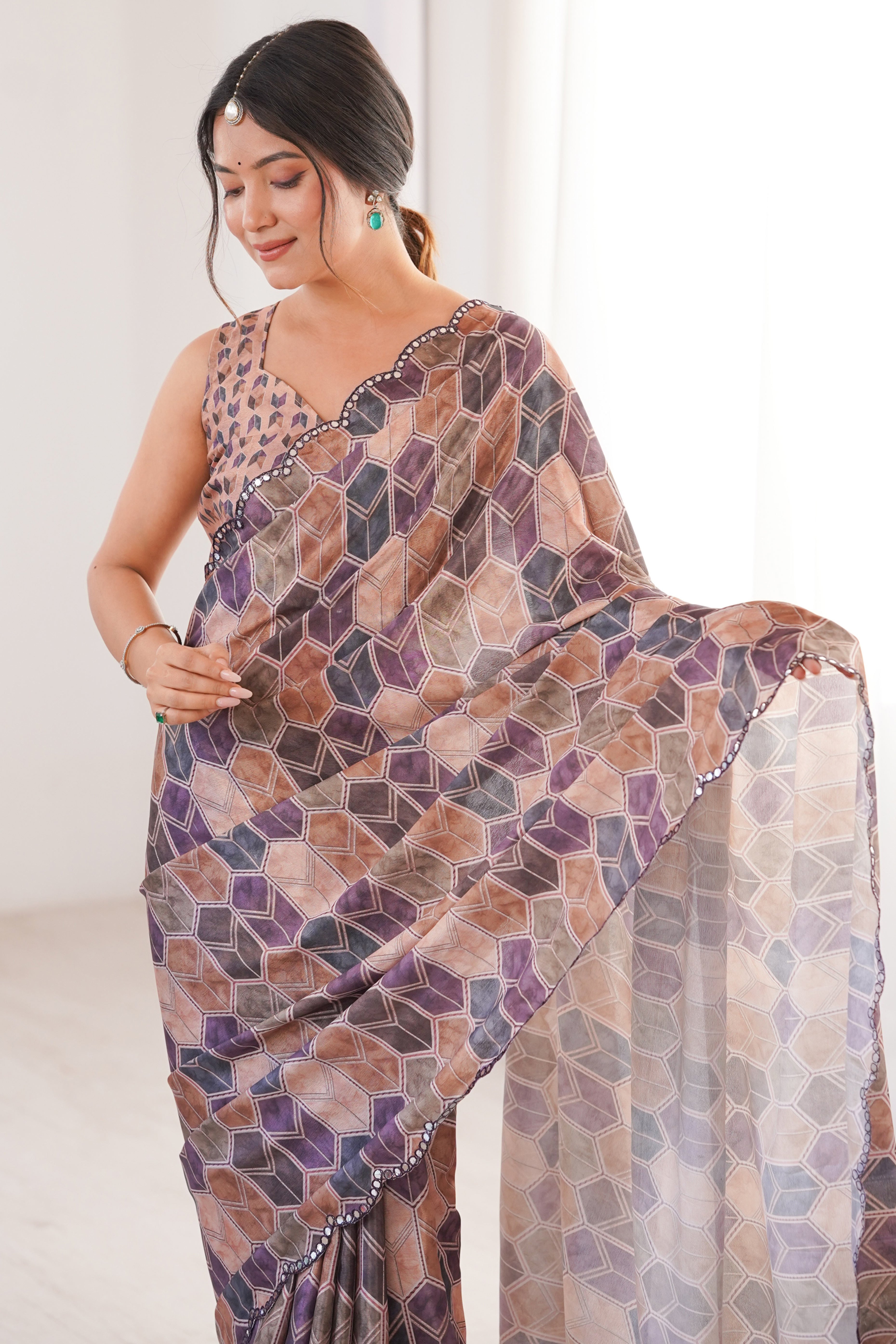 Vibrant Multicolor Geometric Digital Printed Chinon Saree Accented With Exquisite Embroidered Border