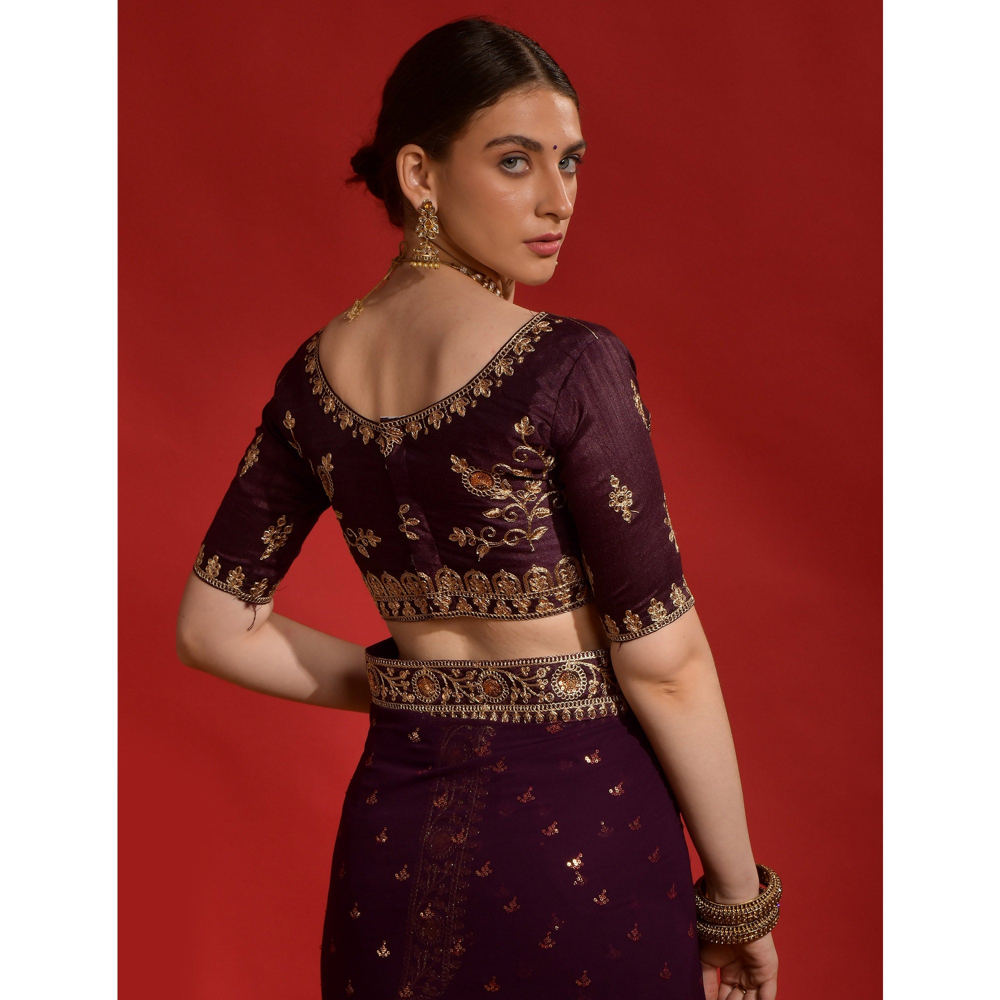 Wine Sequins Embroidered Georgette Saree
