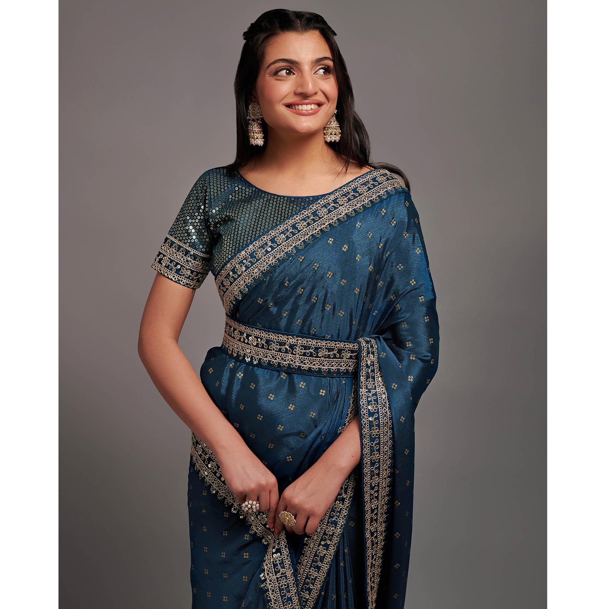 Blue Sequins Embroidered Border Chinon Saree