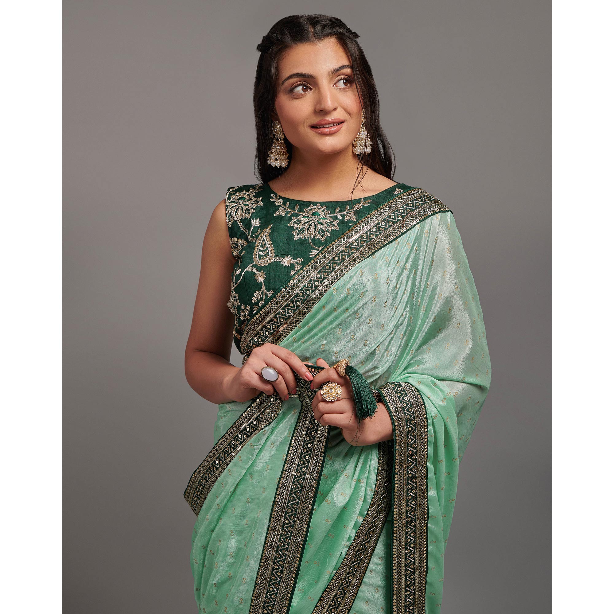Green Foil Printed With Embroidered Border Chinon Saree