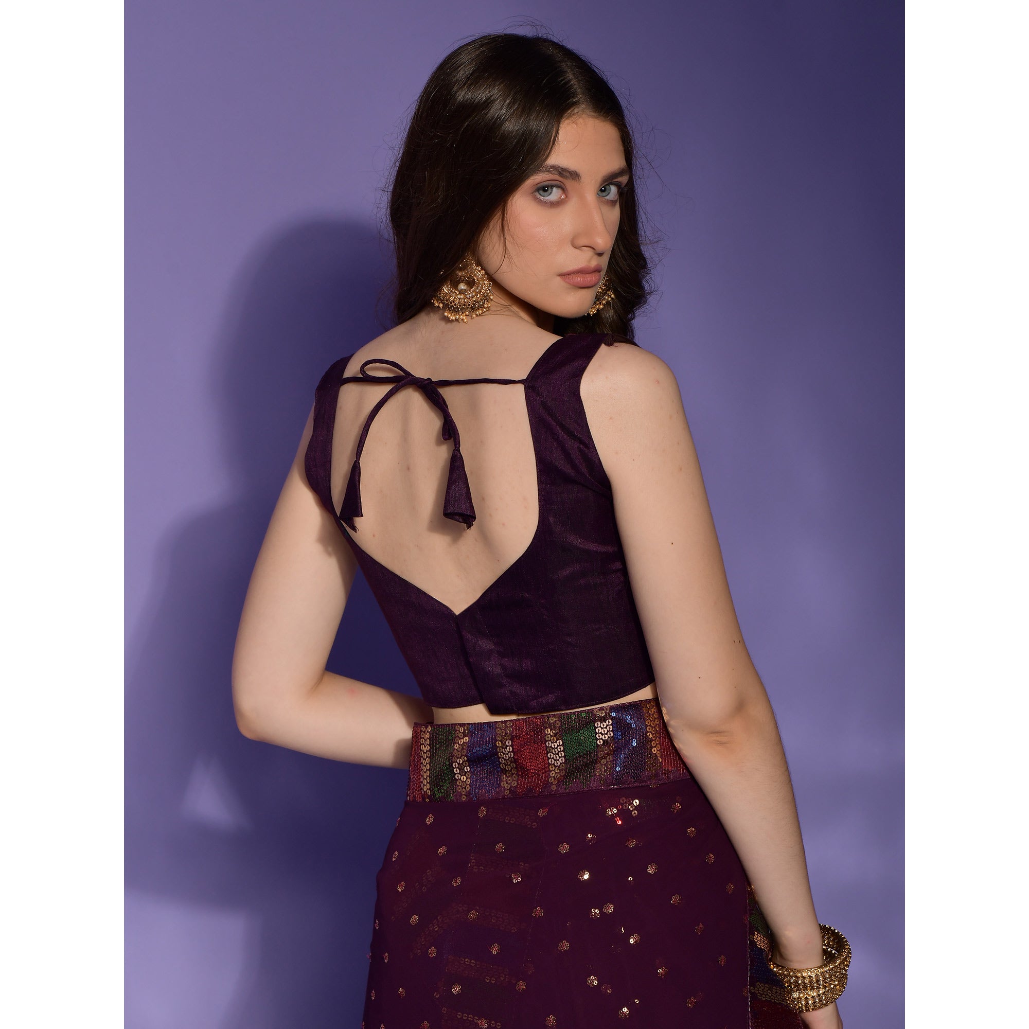 Wine Sequins Embroidered Georgette Saree