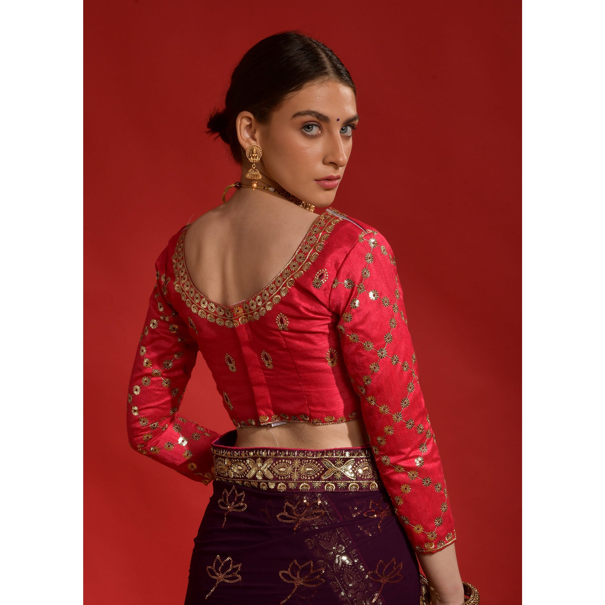 Wine Floral Sequins Embroidered Georgette Saree