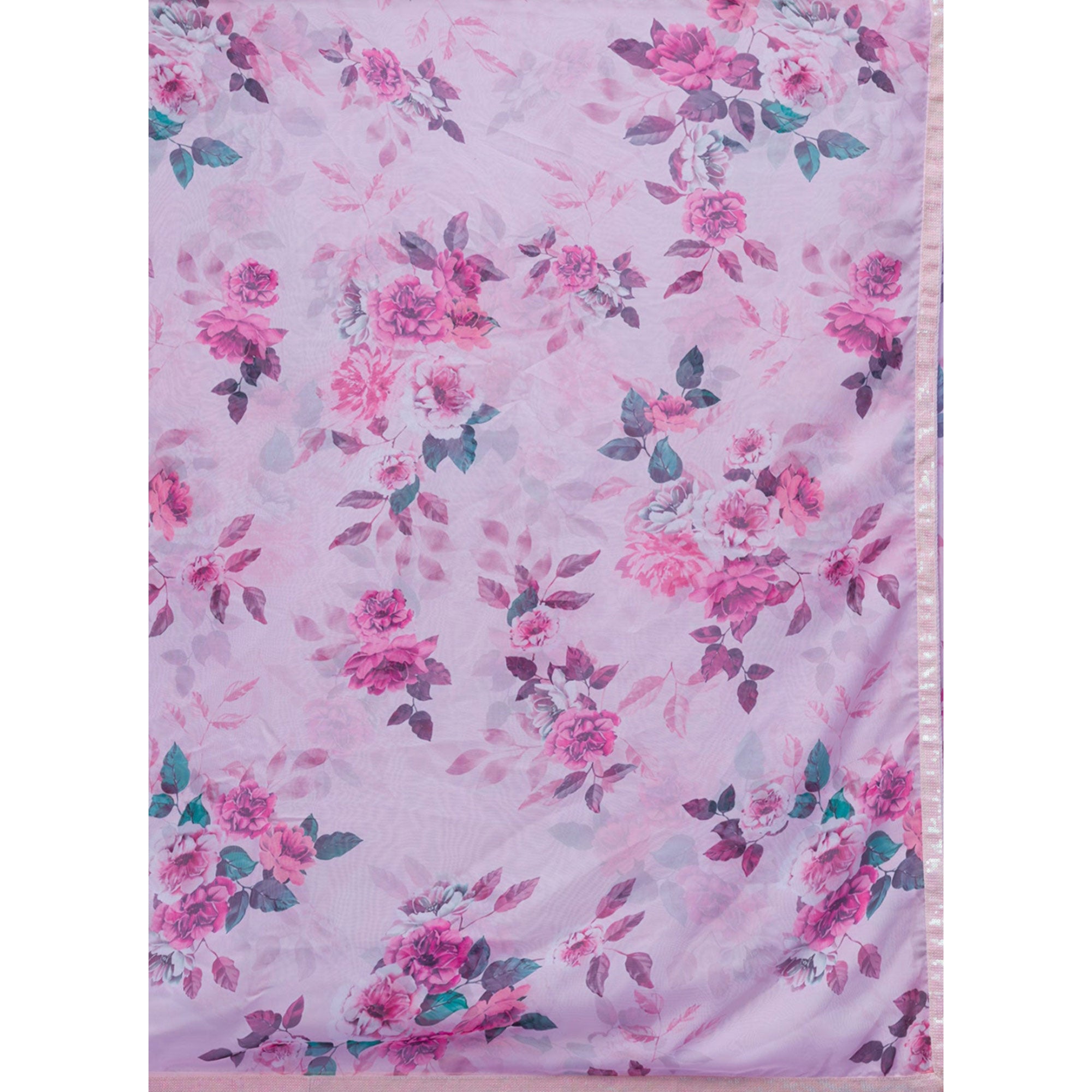 Pink Floral Printed Chinon Saree With Embroidered Border