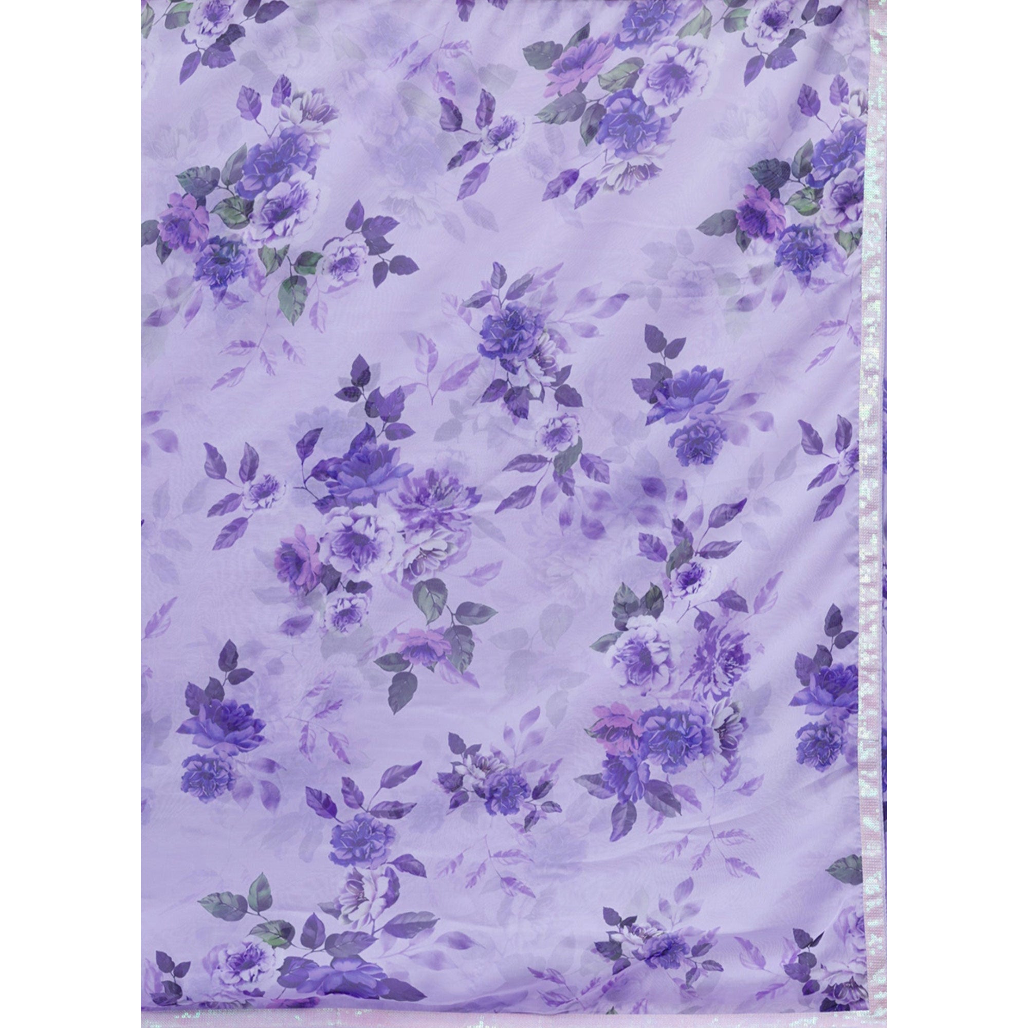 Purple Floral Printed Chinon Saree With Embroidered Border