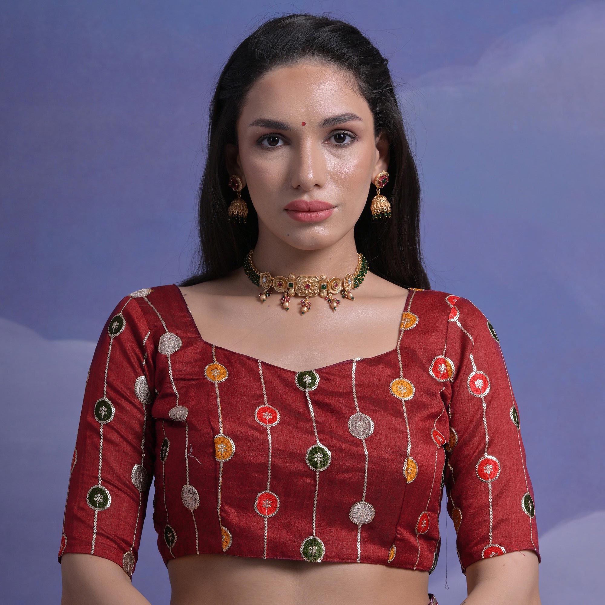 Maroon Floral Printed Chinon Saree With Embroidered Border