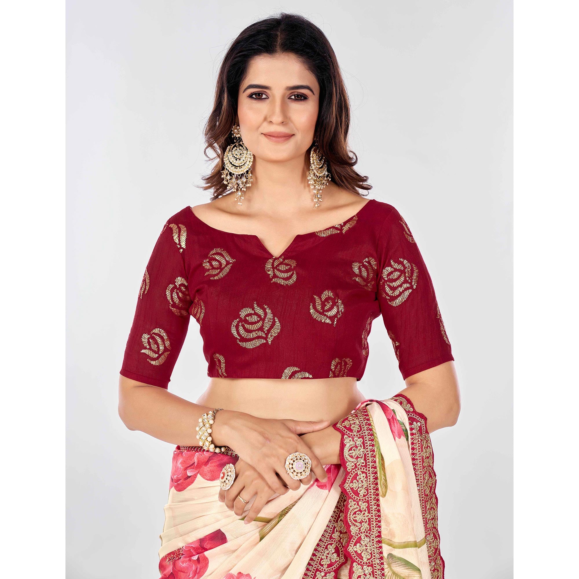 Off White Floral Printed Chinon Saree