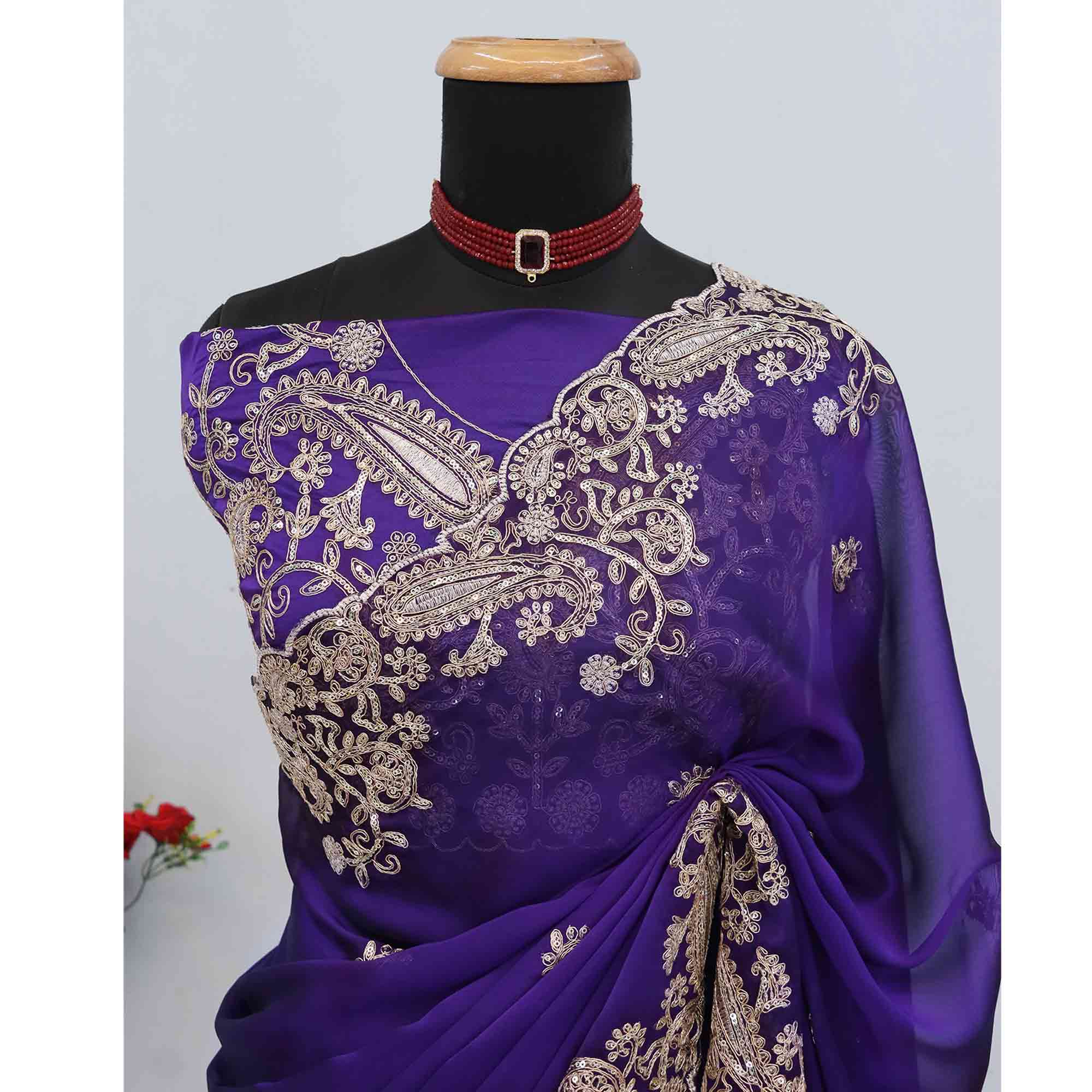 Violet Silk-Blend Saree Featuring Delicate Embroidery and Shimmering Sequins Work