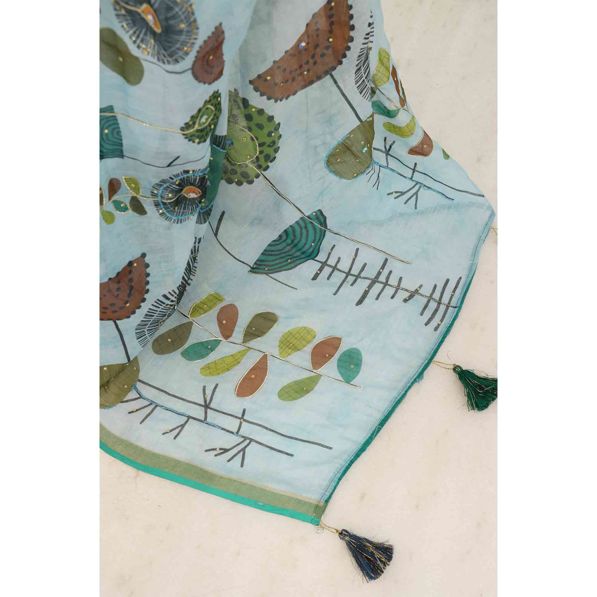 Sky Blue Pure Soft Linen Saree with Elegant Prints and Delicate Stone Work Embellishment