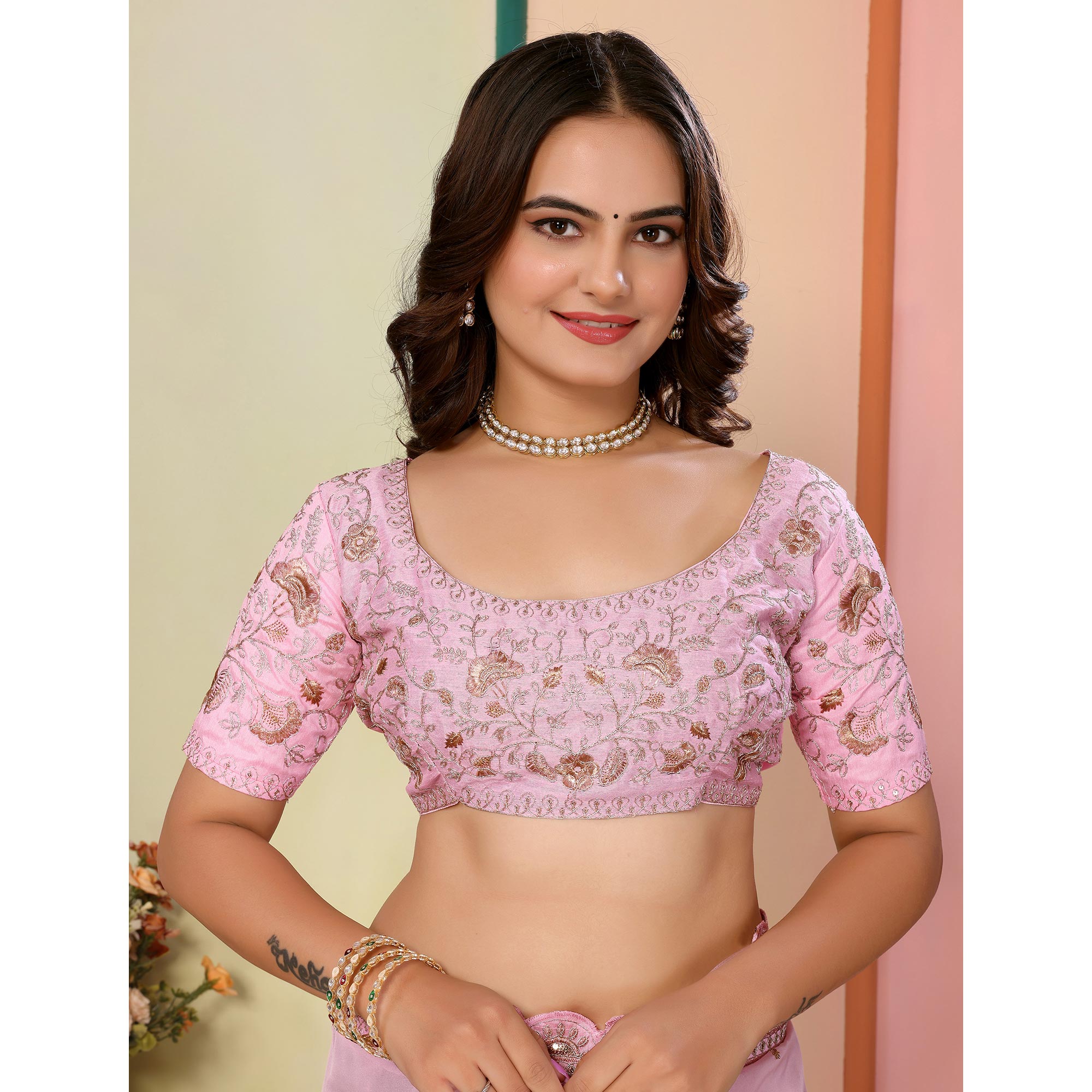 Pink Sequins Embroidered Embroidered Organza Saree