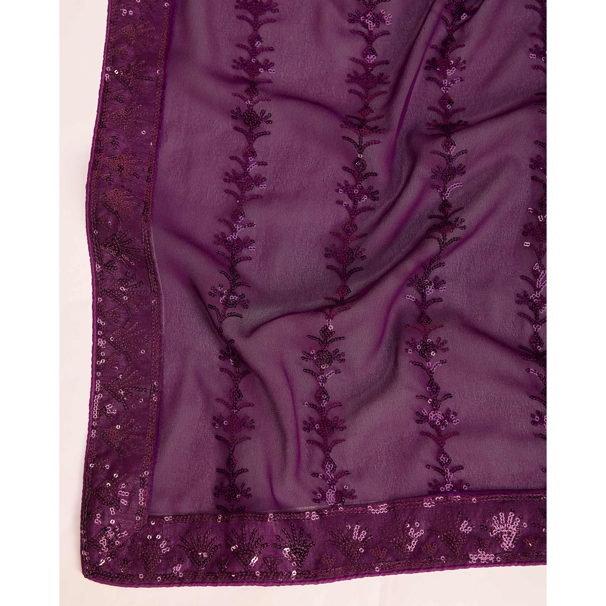 Wine Floral Sequins Embroidered Georgette Saree