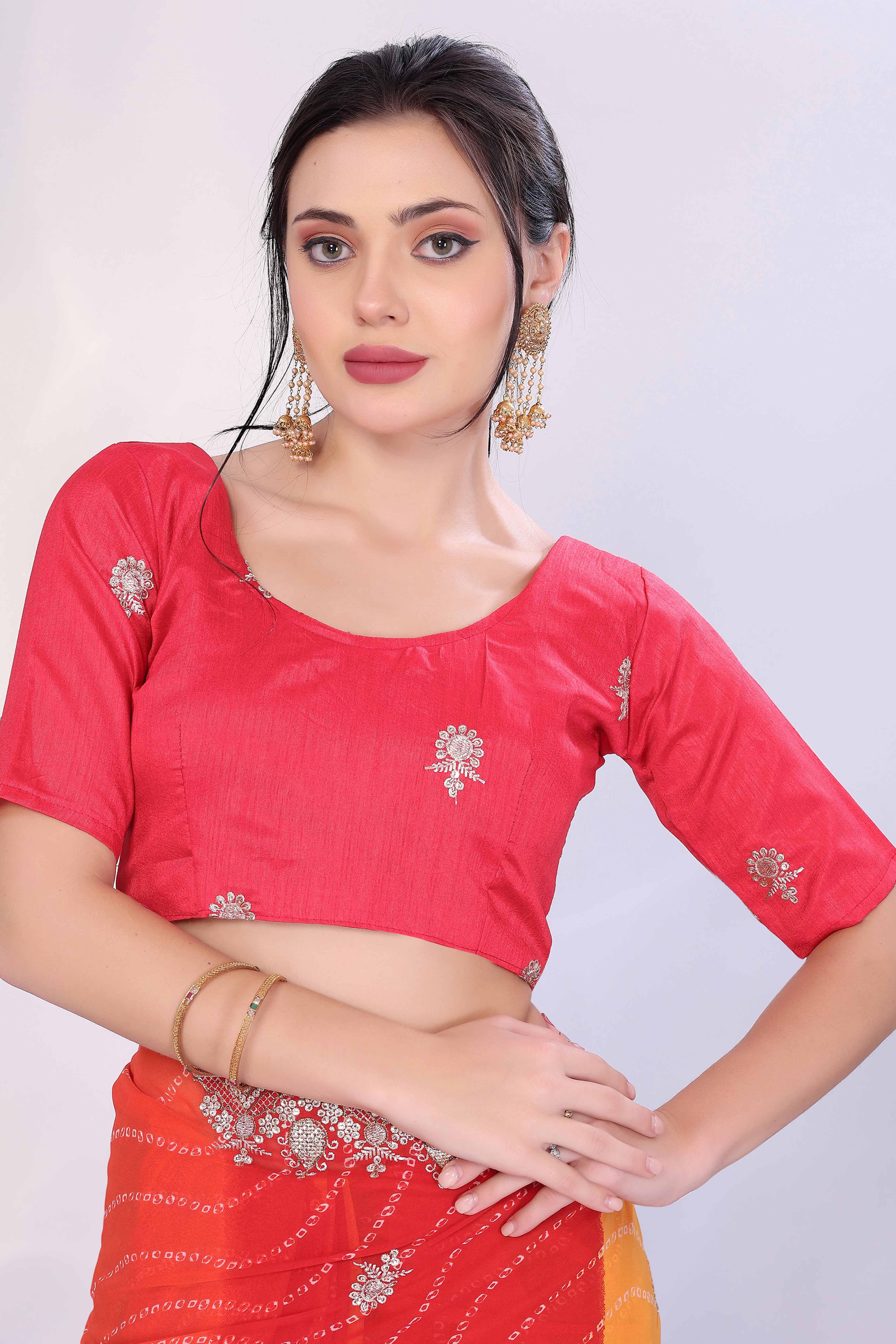 Red & Yellow Georgette Saree Showcasing Bandhani Print & Delicate Floral Sequins Embroidery