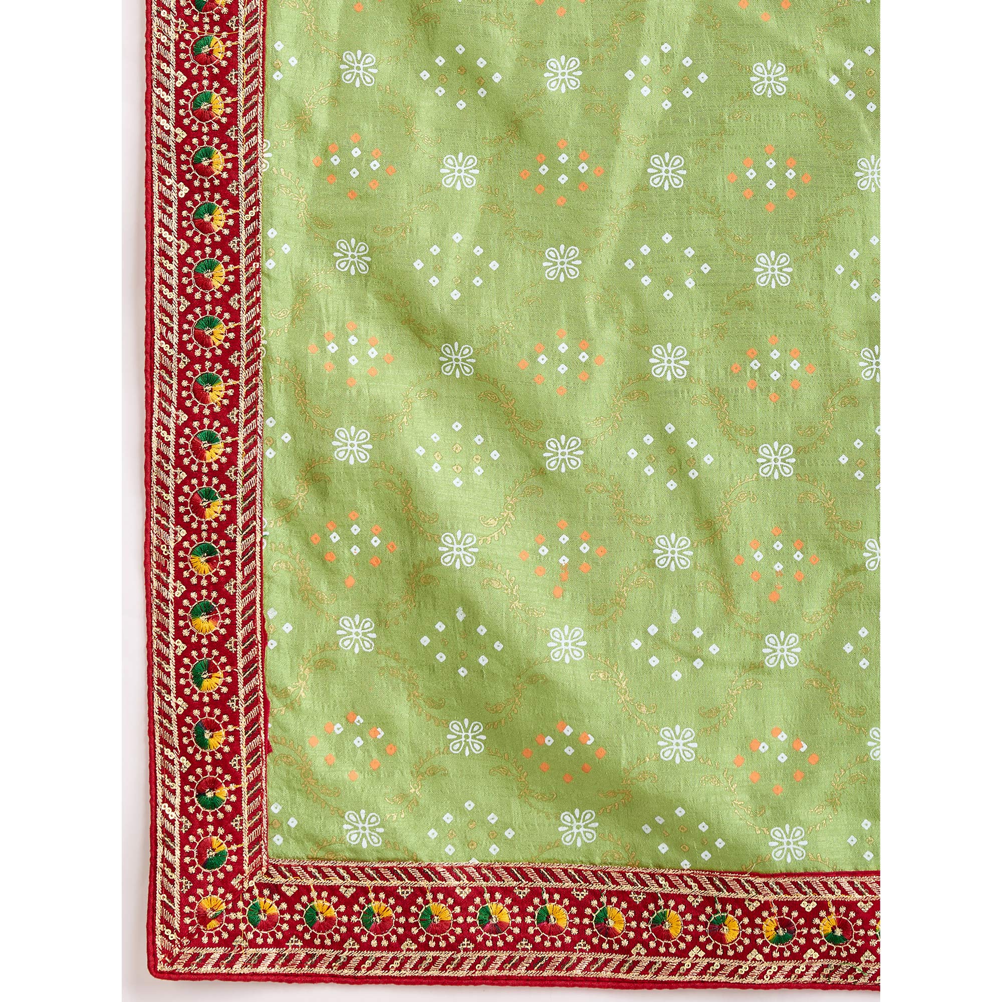 Green Bandhani Printed Vichitra Silk Saree With Embroidery Border