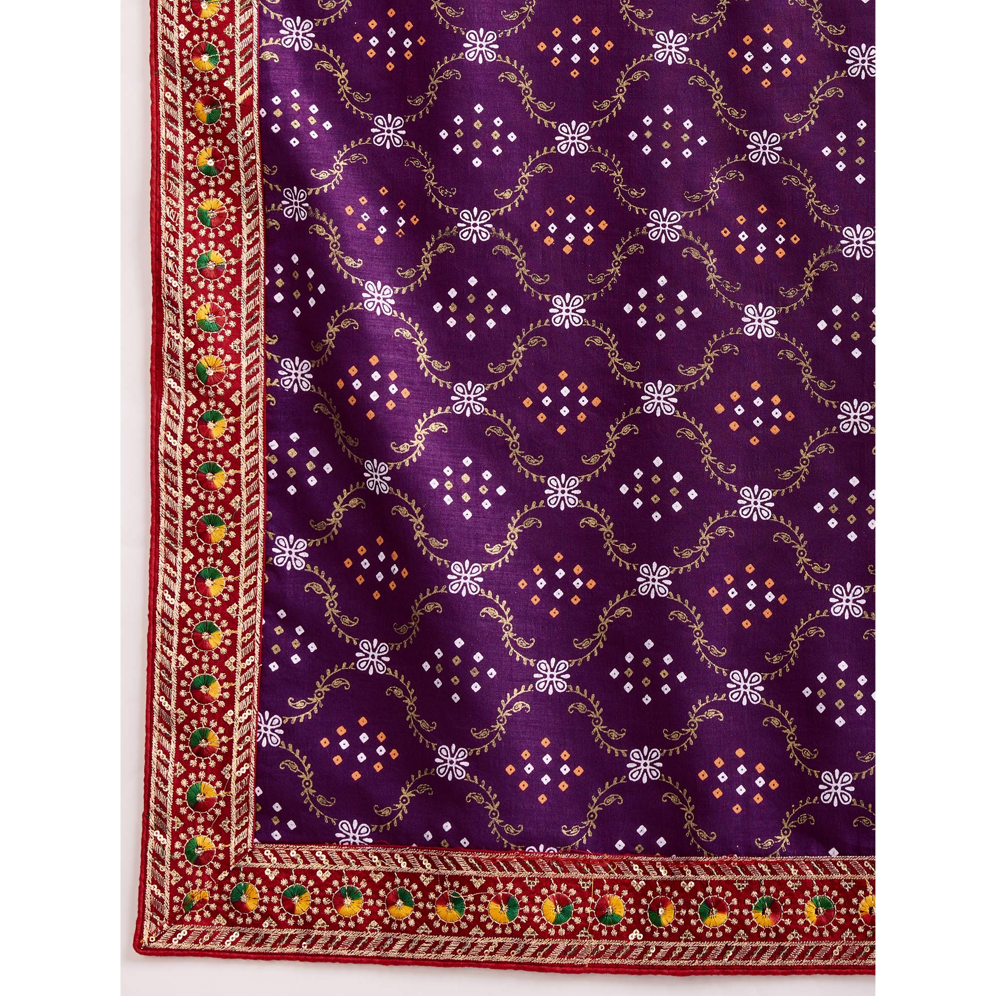 Wine Bandhani Printed Vichitra Silk Saree With Embroidery Border