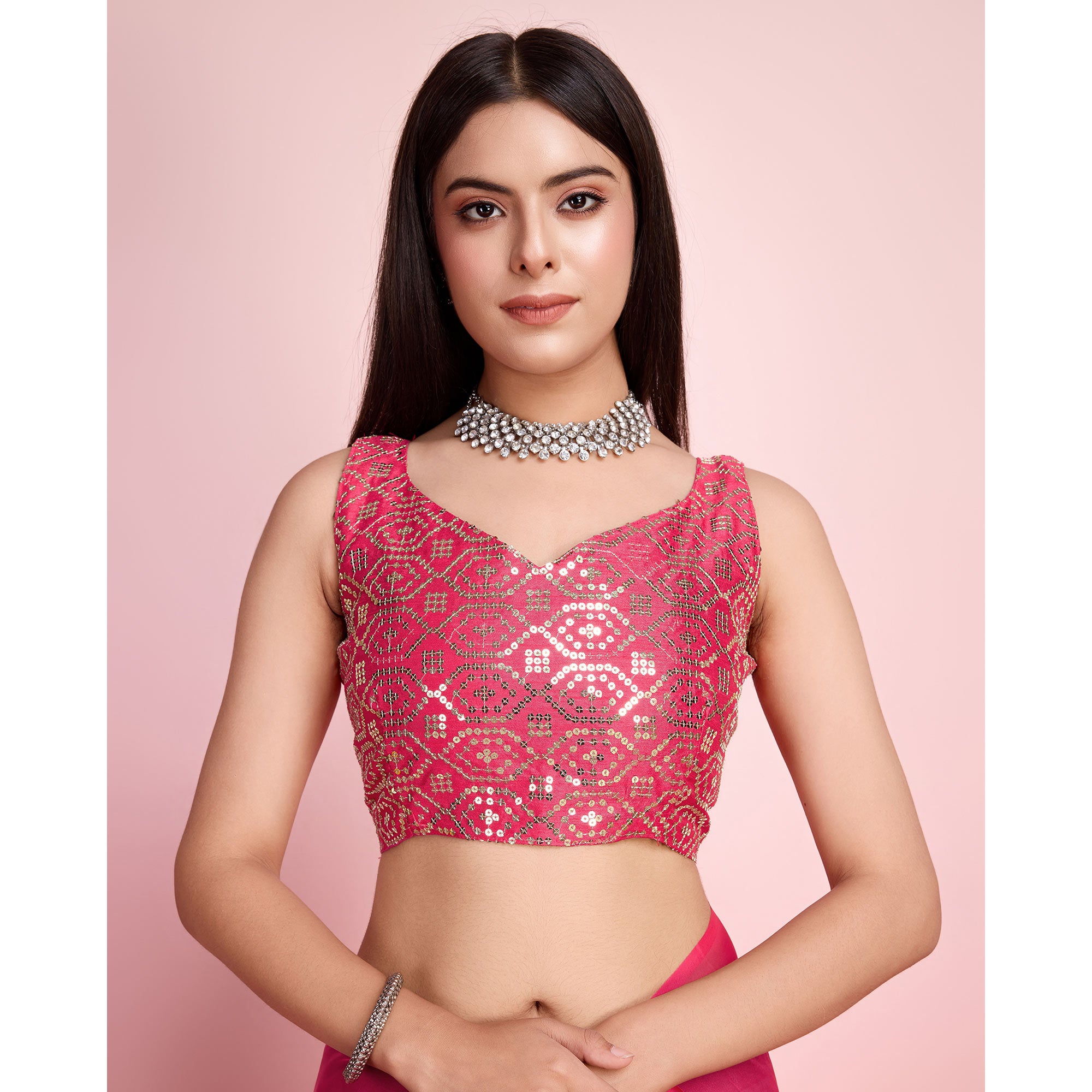 Pink Floral Sequins Embroidered Organza Saree