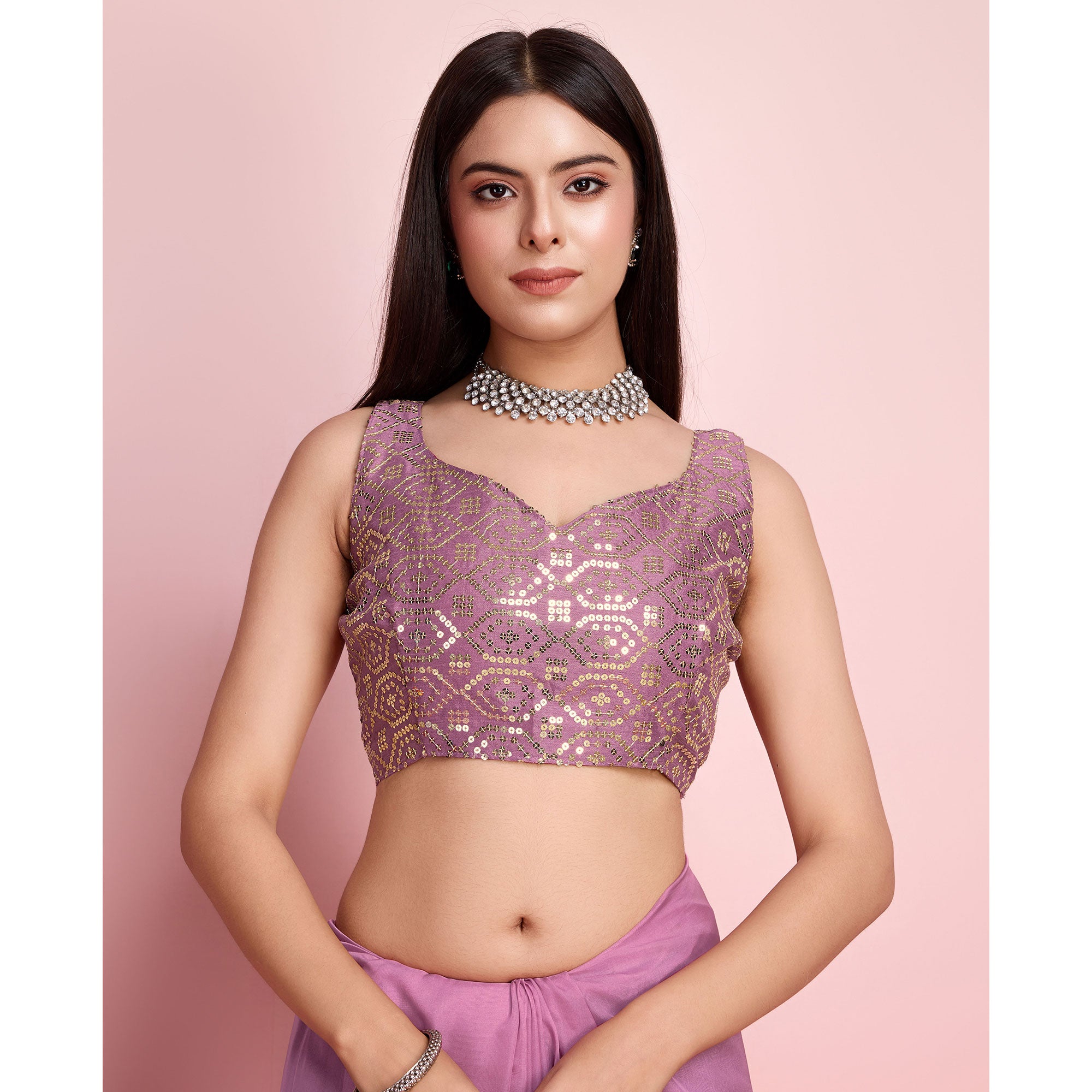 Pink Floral Sequins Embroidered Organza Saree