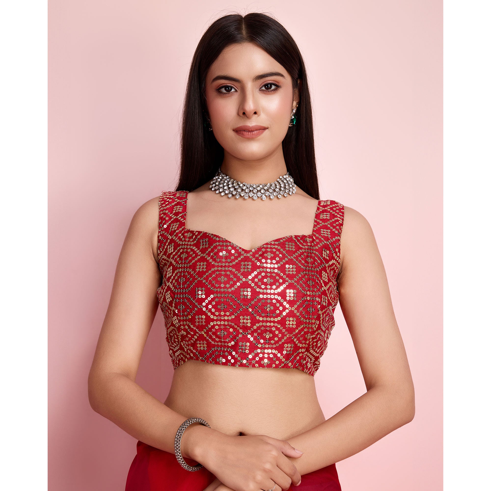 Red Floral Sequins Embroidered Organza Saree