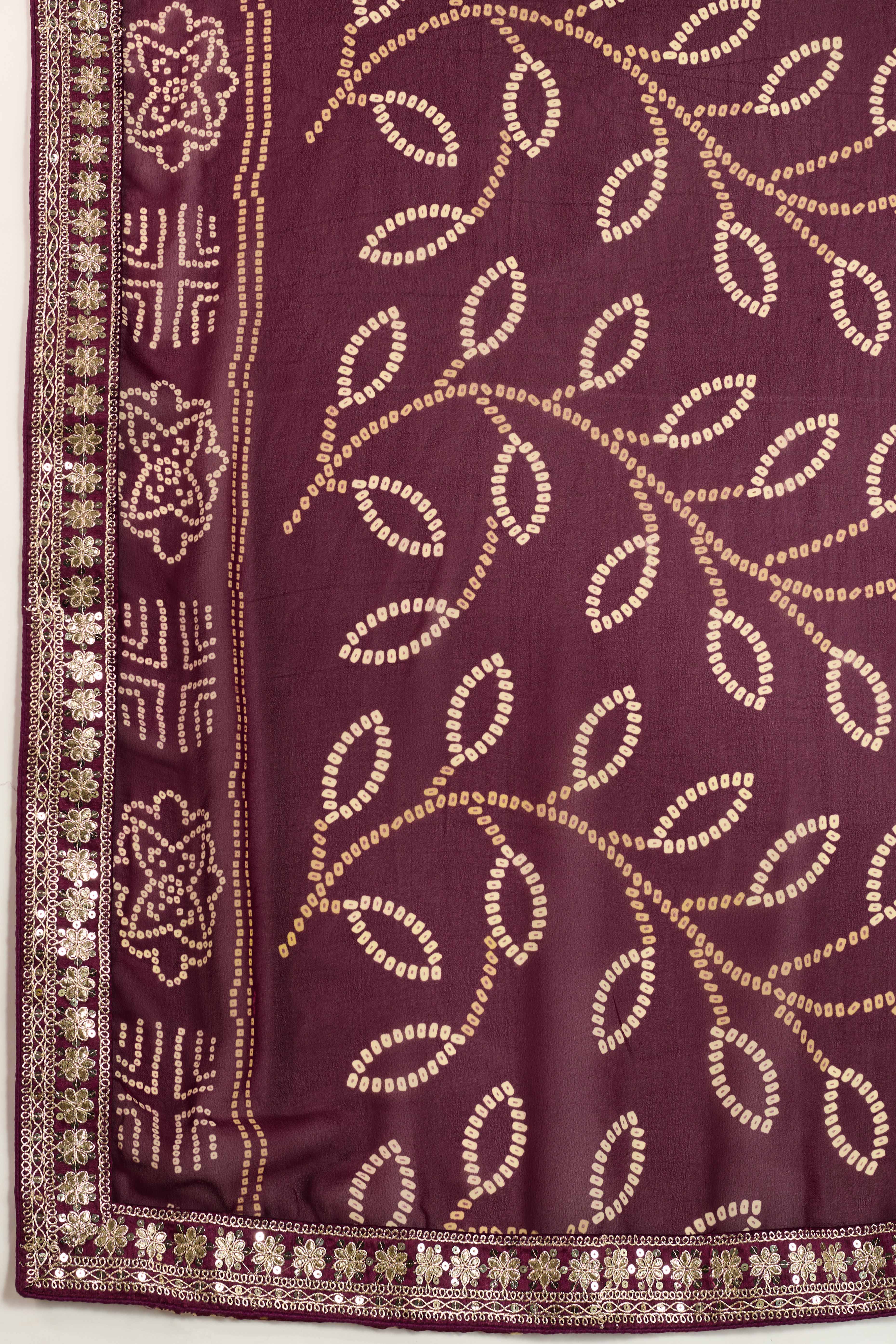 Wine Bandhani Digital Printed Georgette Saree Enhanced With Cording Embroidered Border