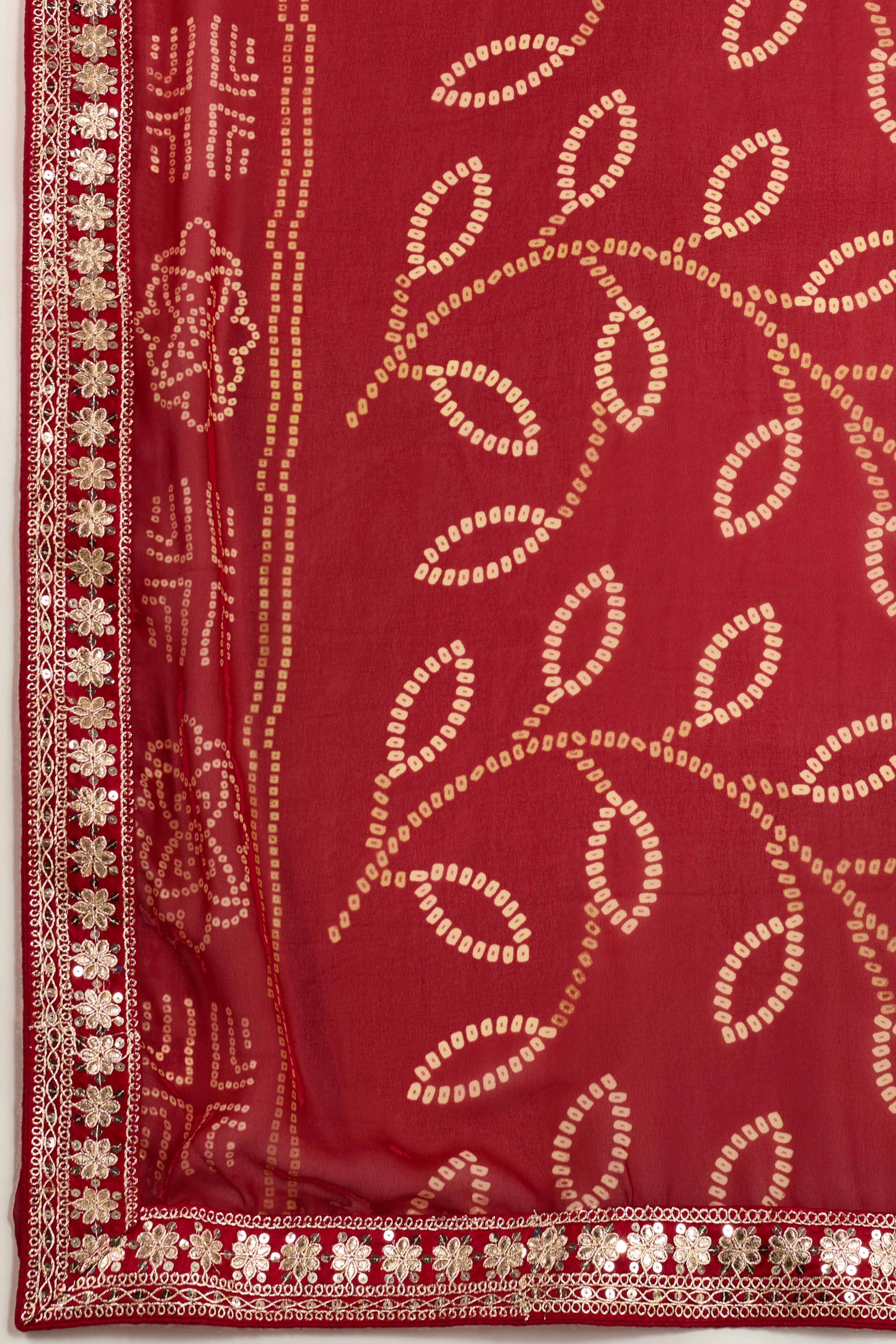 Red Bandhani Digital Printed Georgette Saree Enhanced With Cording Embroidered Border
