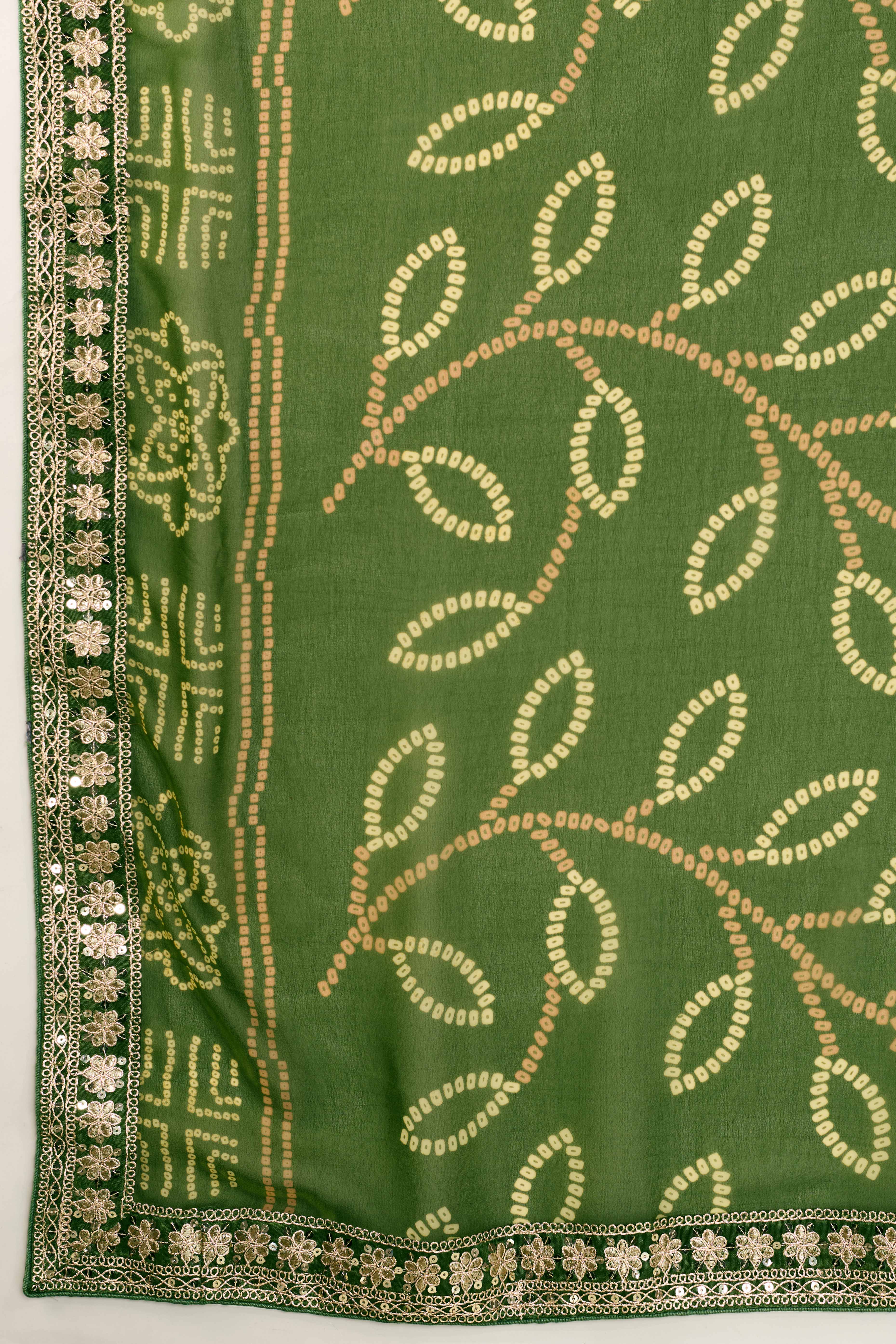 Green Bandhani Digital Printed Georgette Saree Enhanced With Cording Embroidered Border