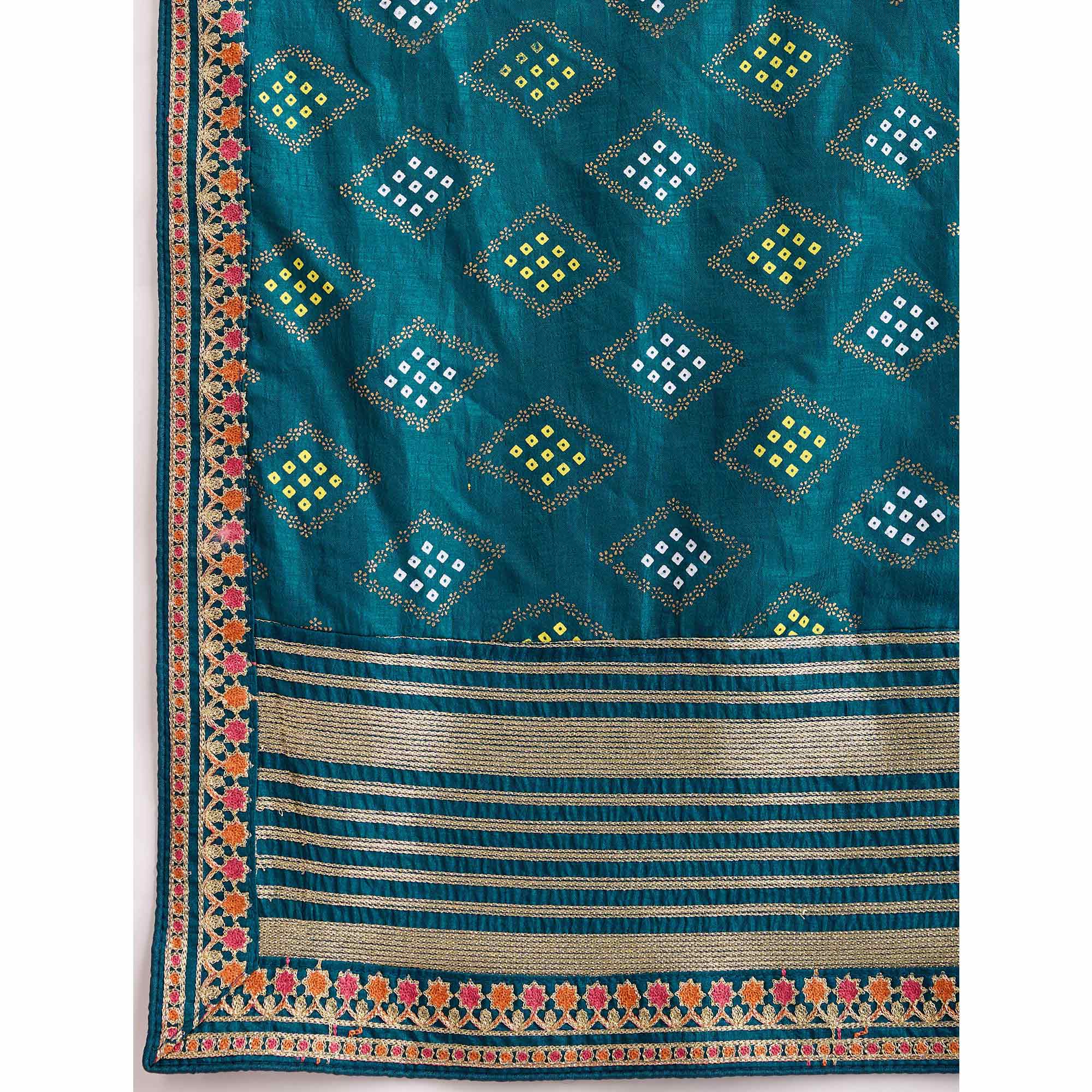Teal Bandhani Printed Vichitra Silk Saree With Embroidery Border
