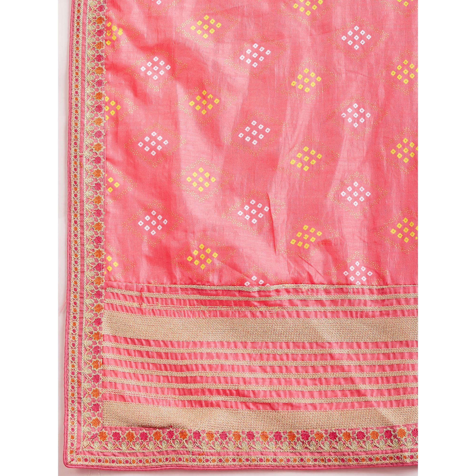 Peach Bandhani Printed Vichitra Silk Saree With Embroidery Border