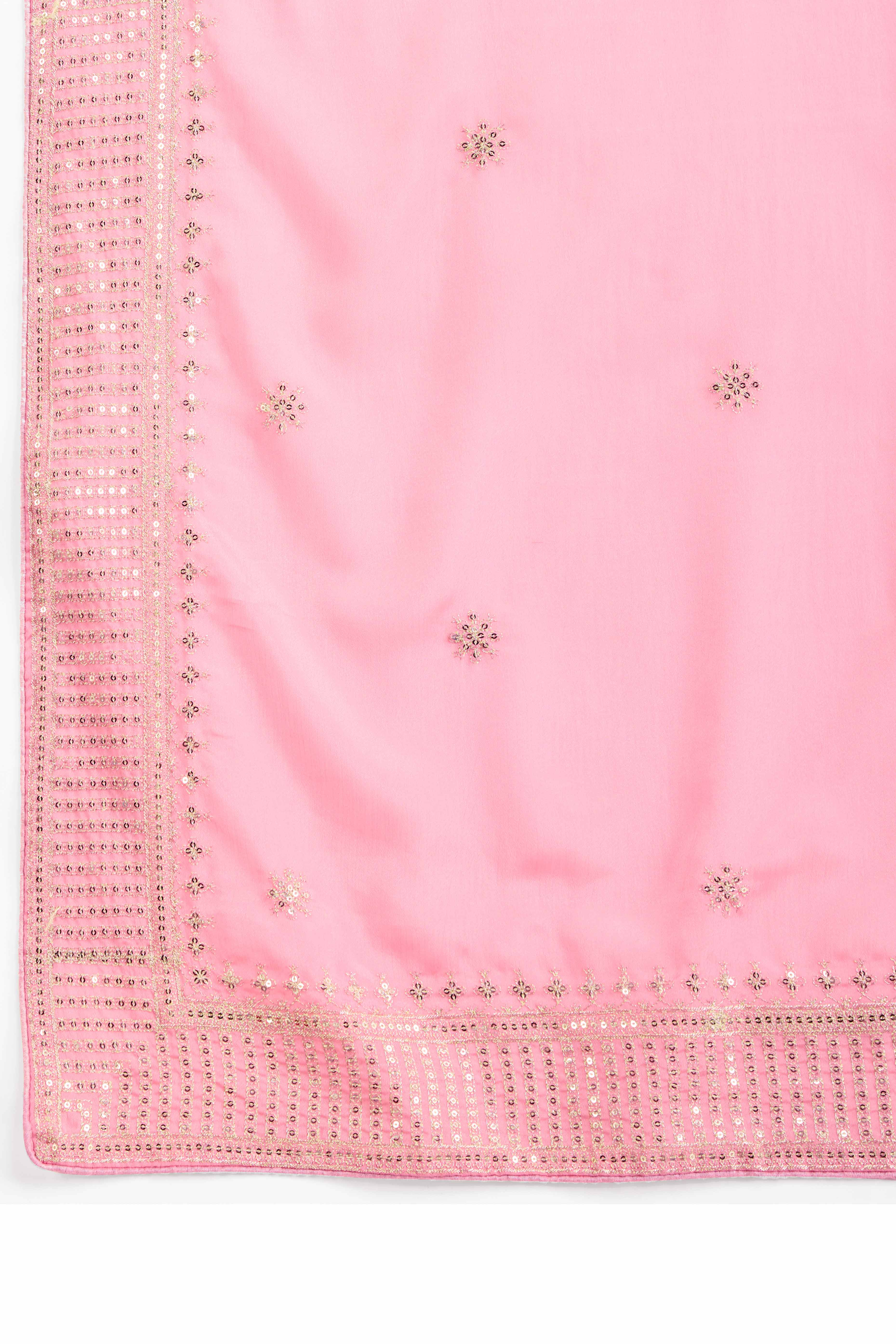Pink Saree In Chinon Silk Featuring Delicate Floral Embroidery & Sparkling Sequins