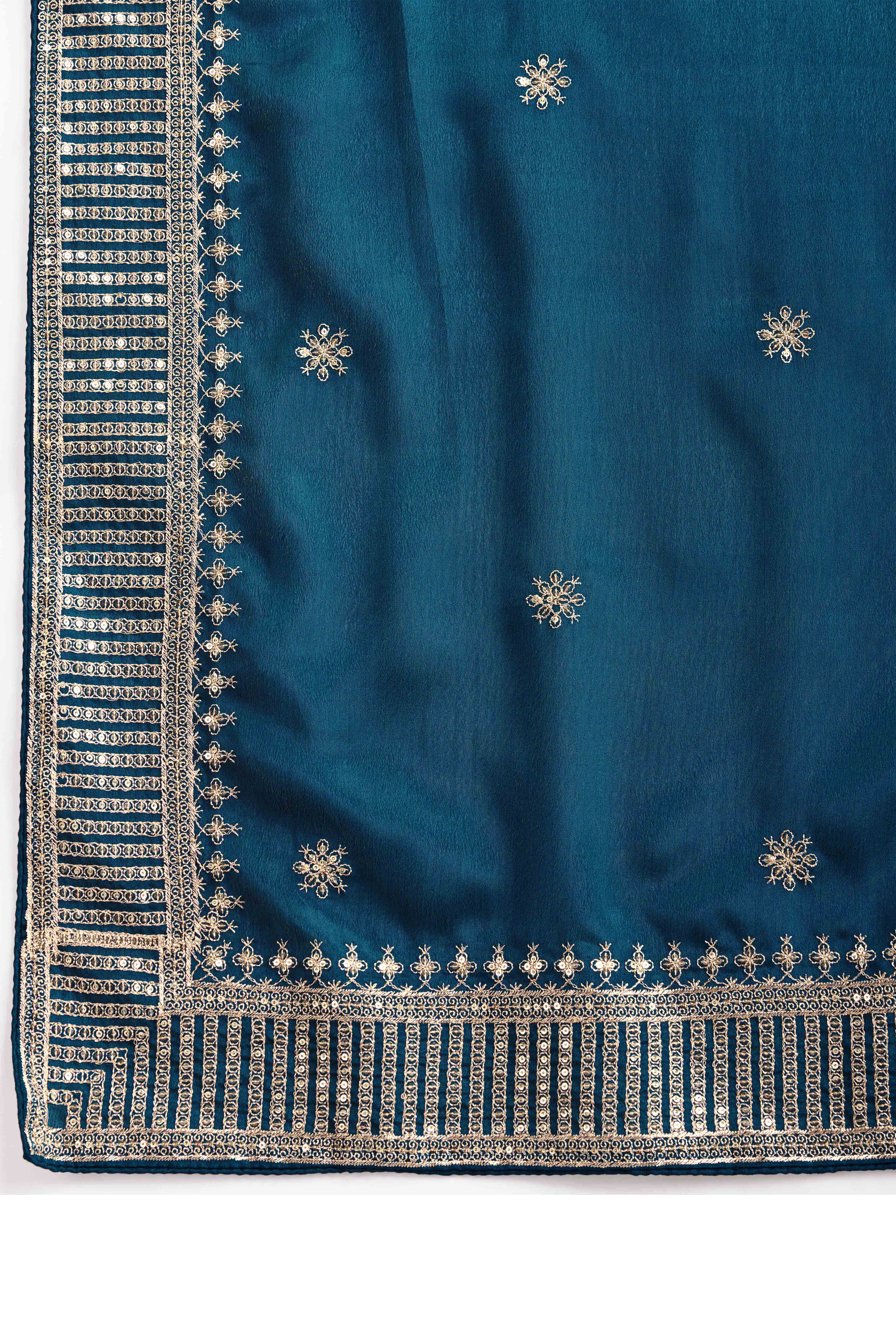 Teal Saree In Chinon Silk Featuring Delicate Floral Embroidery & Sparkling Sequins