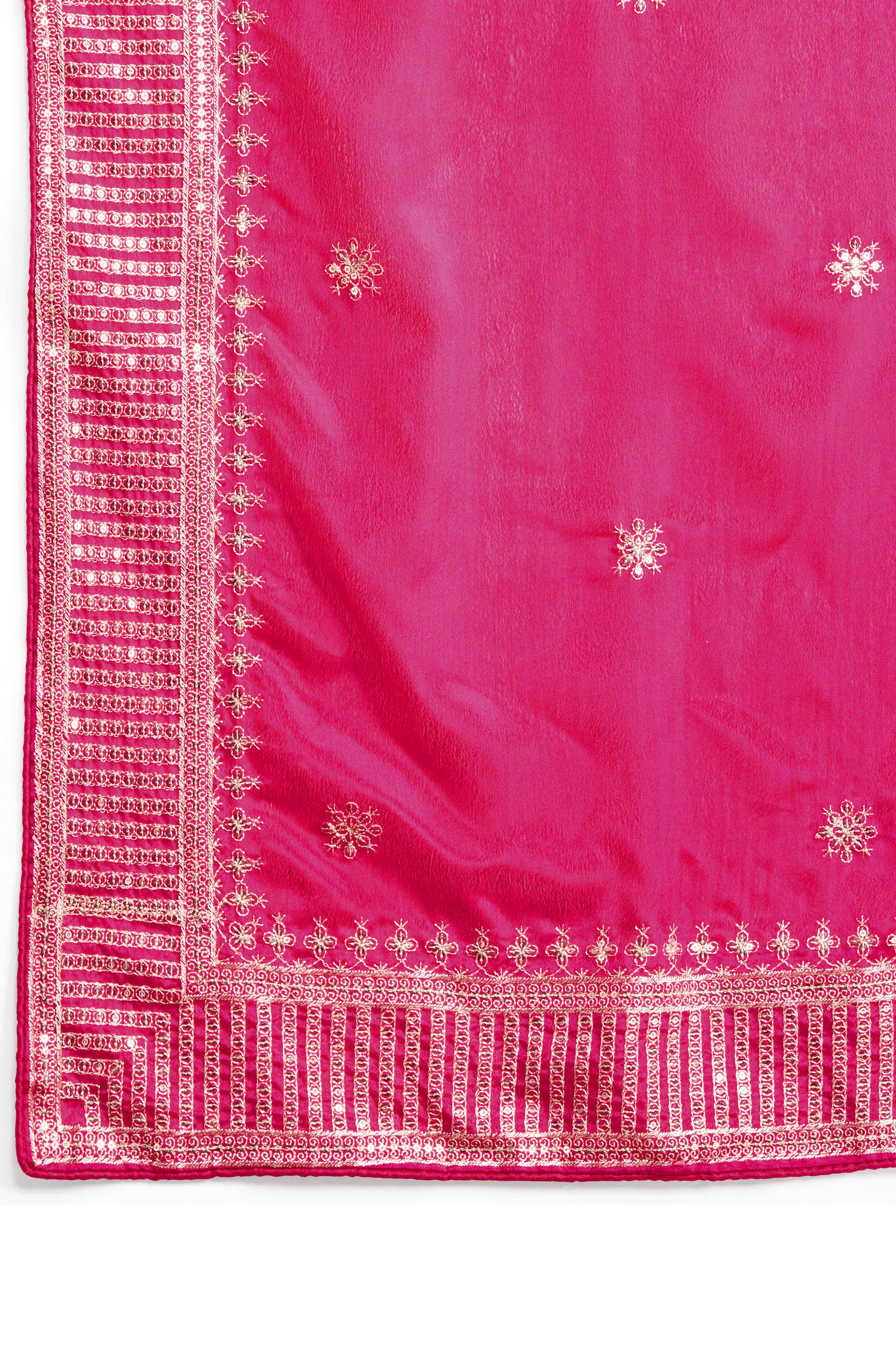 Rani Pink Saree In Chinon Silk Featuring Delicate Floral Embroidery & Sparkling Sequins
