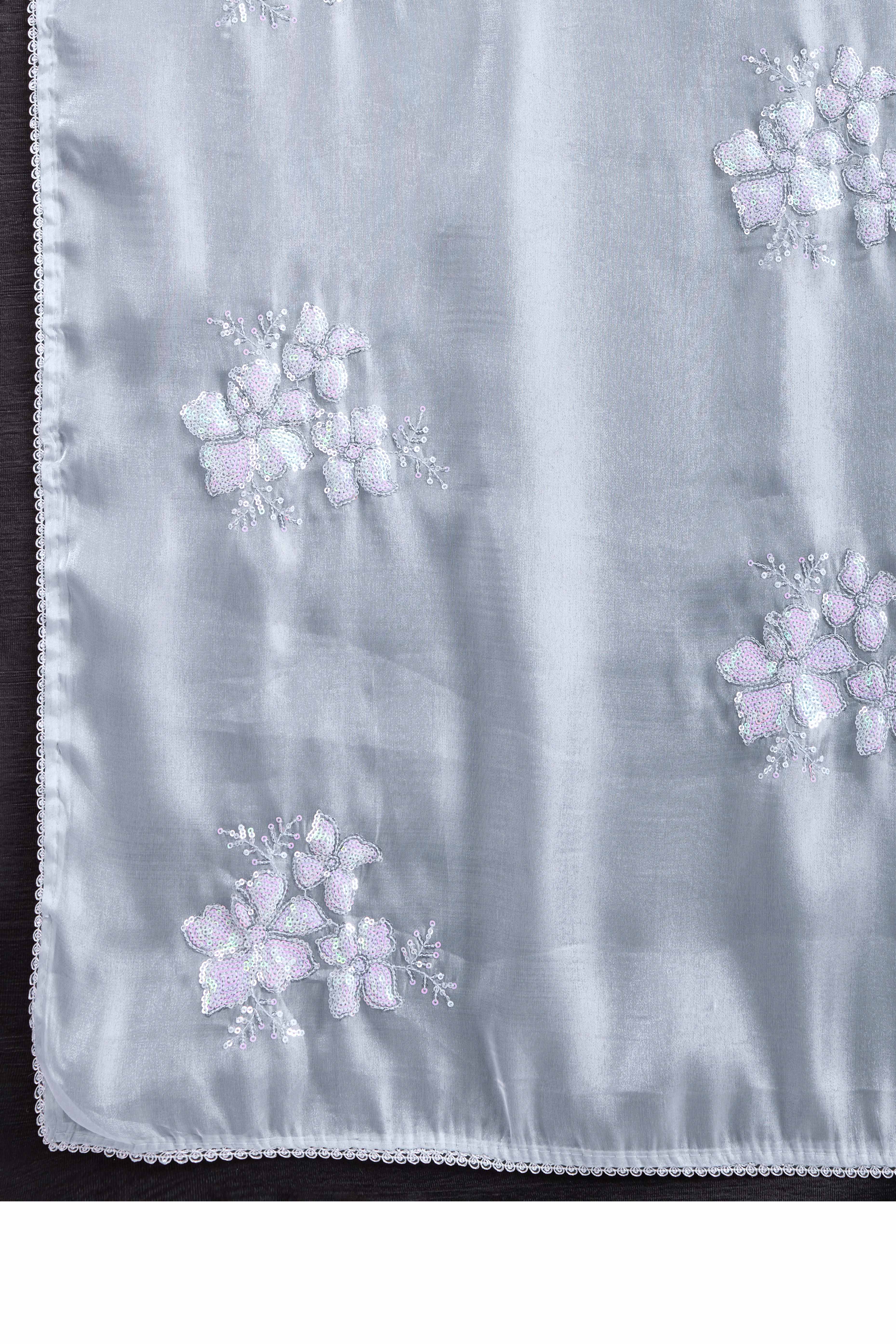 Grey Saree With Exquisite Floral Sequins Embroidery On Luxe Jimmy Choo Silk Blend