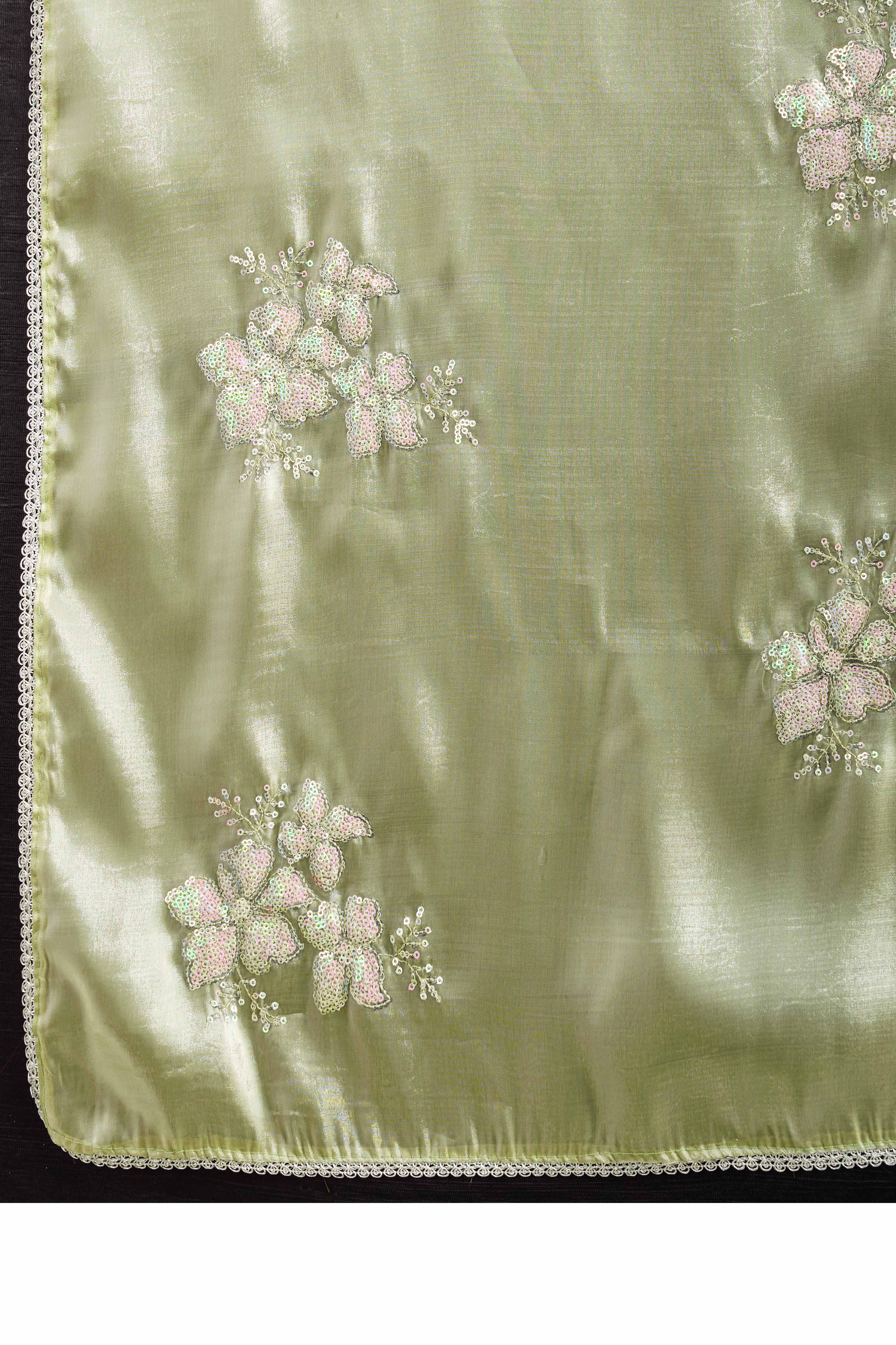 Green Saree With Exquisite Floral Sequins Embroidery On Luxe Jimmy Choo Silk Blend