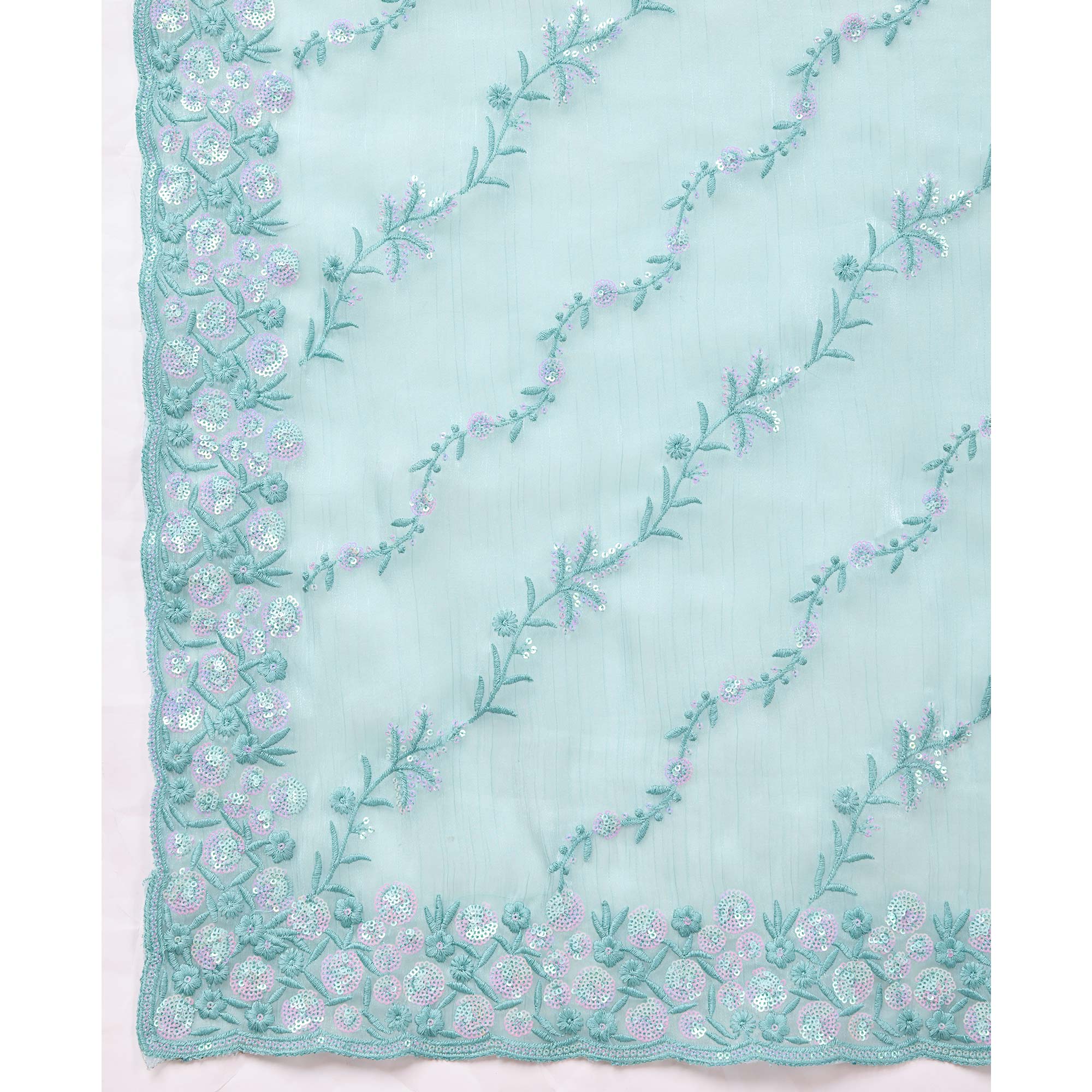 Blue Floral Sequins Embroidered Burberry Silk Saree