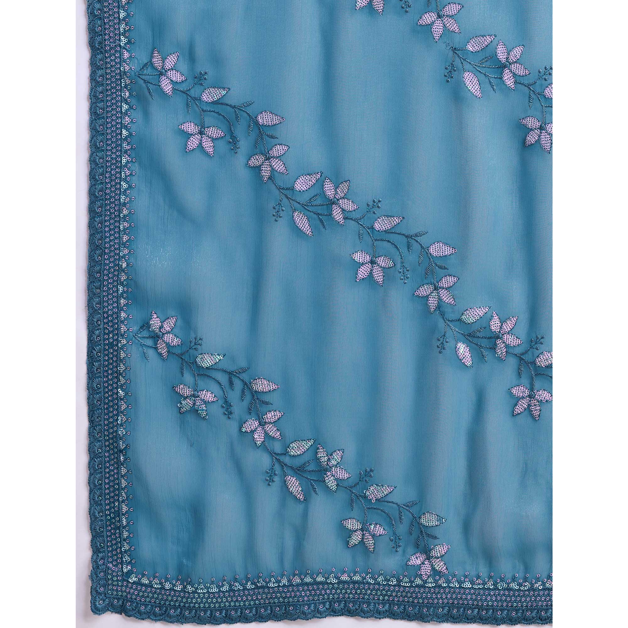 Blue Floral Sequins Embroidered Chiffon Saree