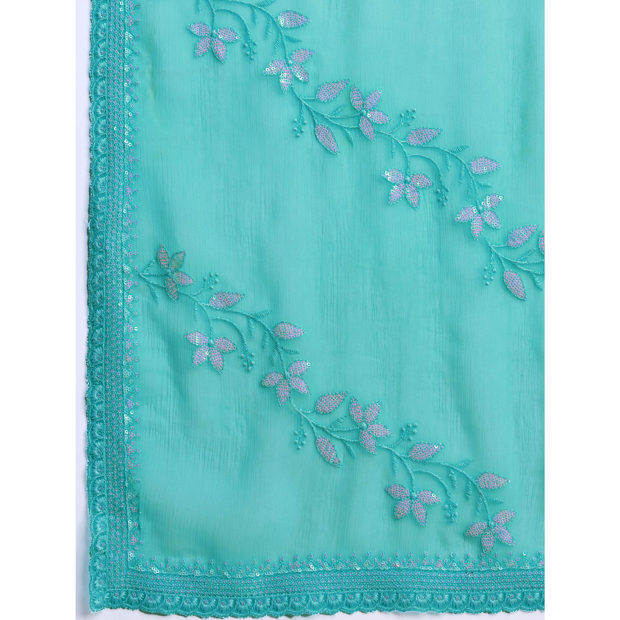 Rama Green Floral Sequins Embroidered Chiffon Saree