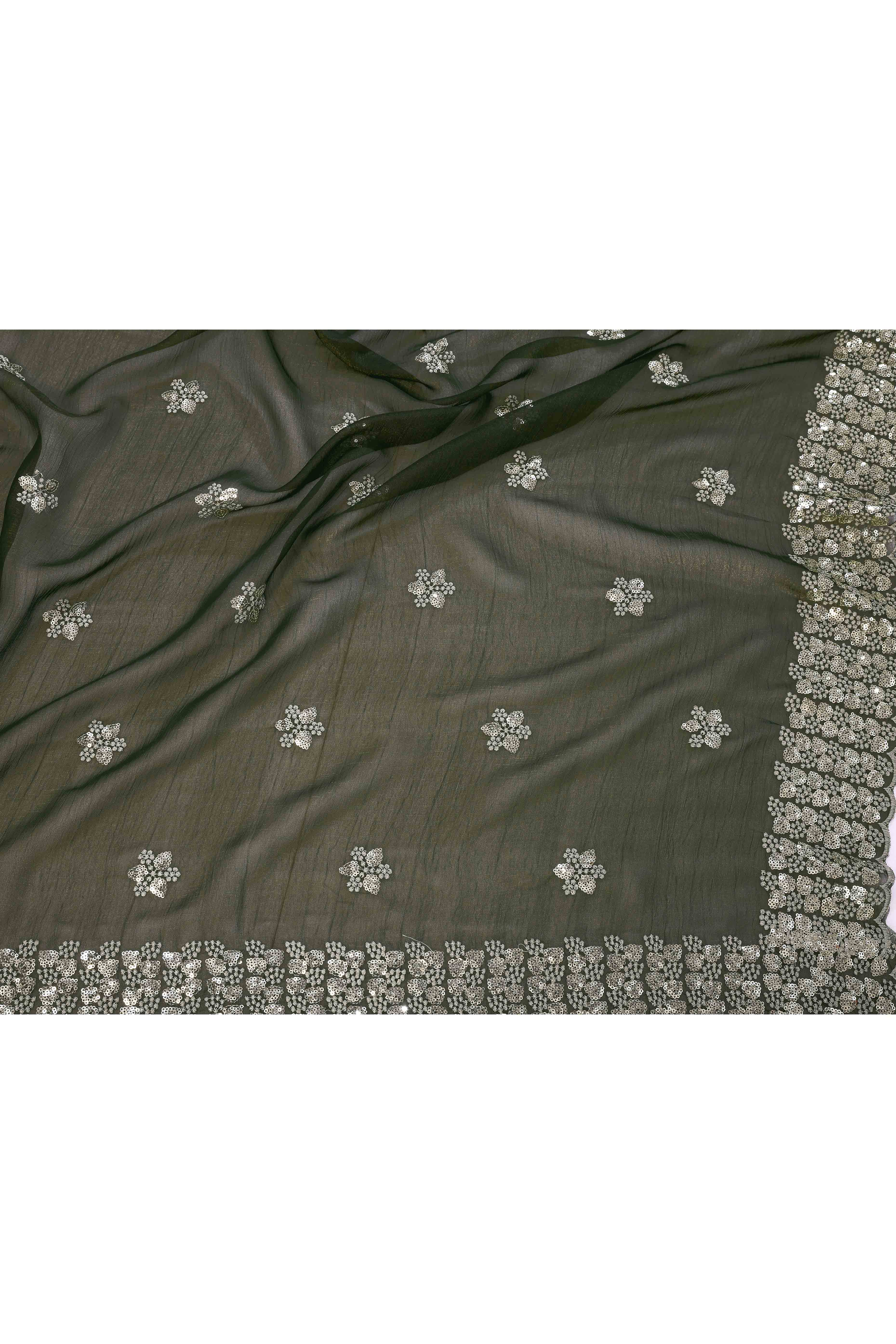 Green Crunchy Organza Silk Saree Adorned With Intricate Floral Sequins Embroidery