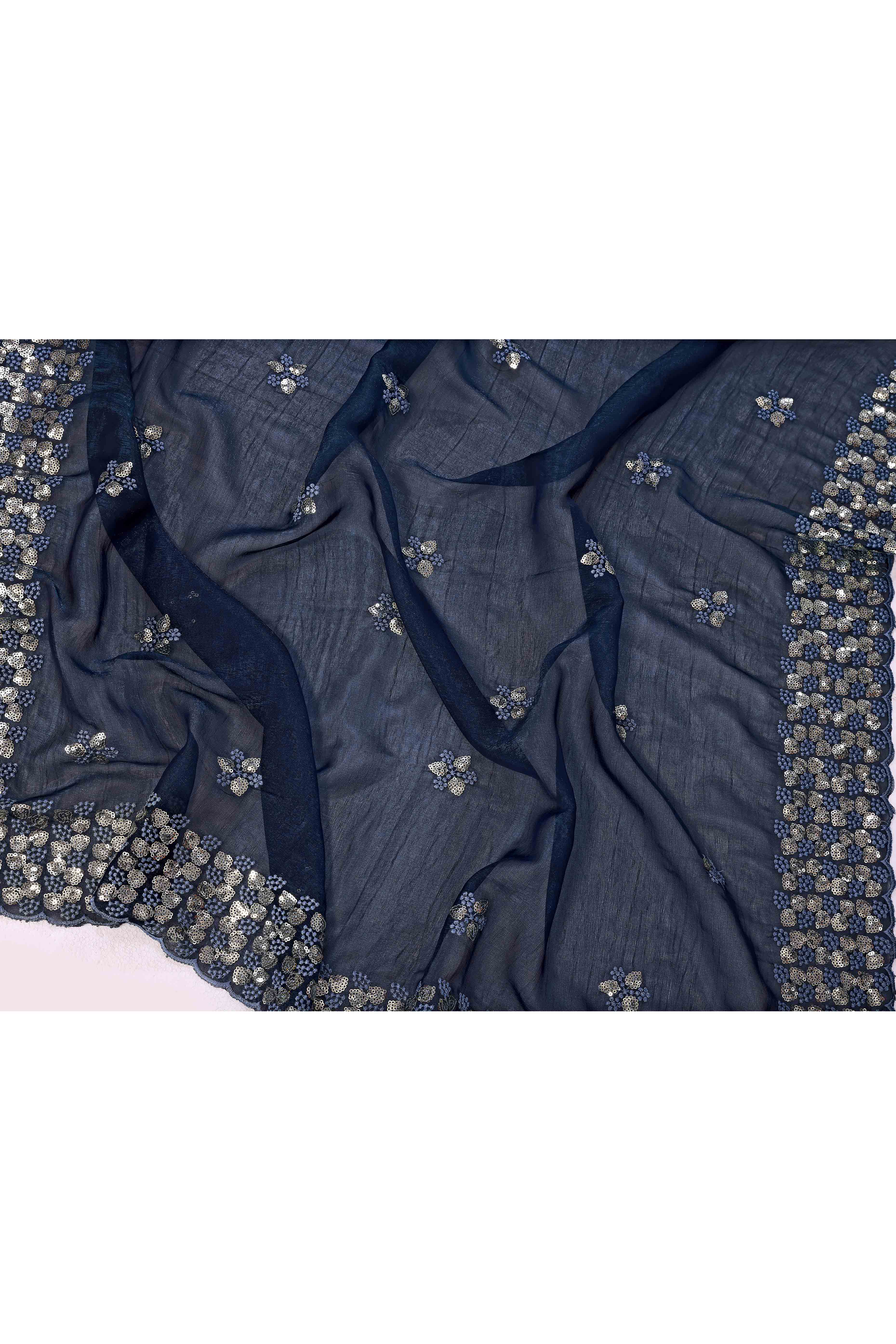Blue Crunchy Organza Silk Saree Adorned With Intricate Floral Sequins Embroidery