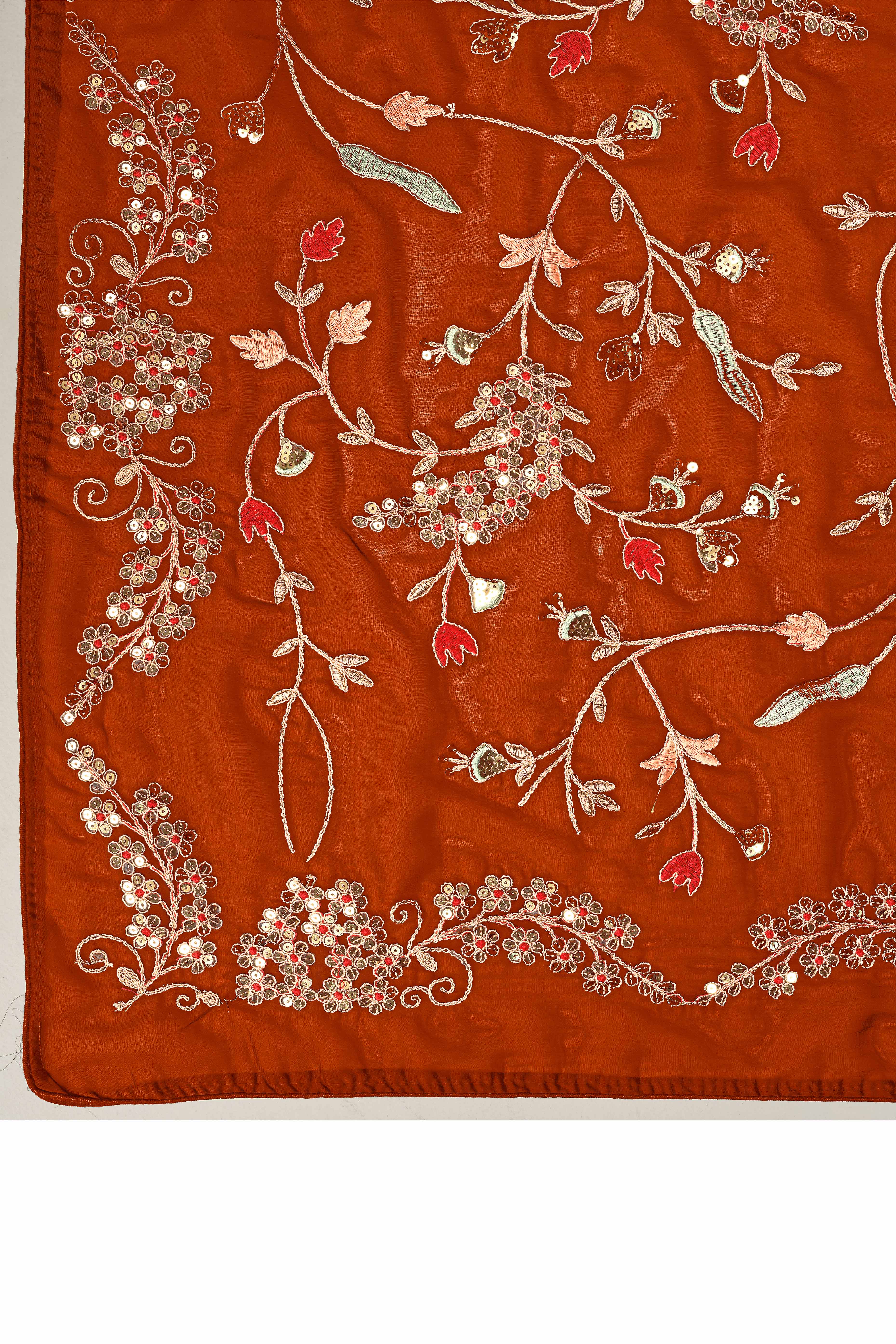 Orange Rangoli Art Silk Saree Featuring Intricate Floral Cording Embroidery & Sparkling Sequin Work