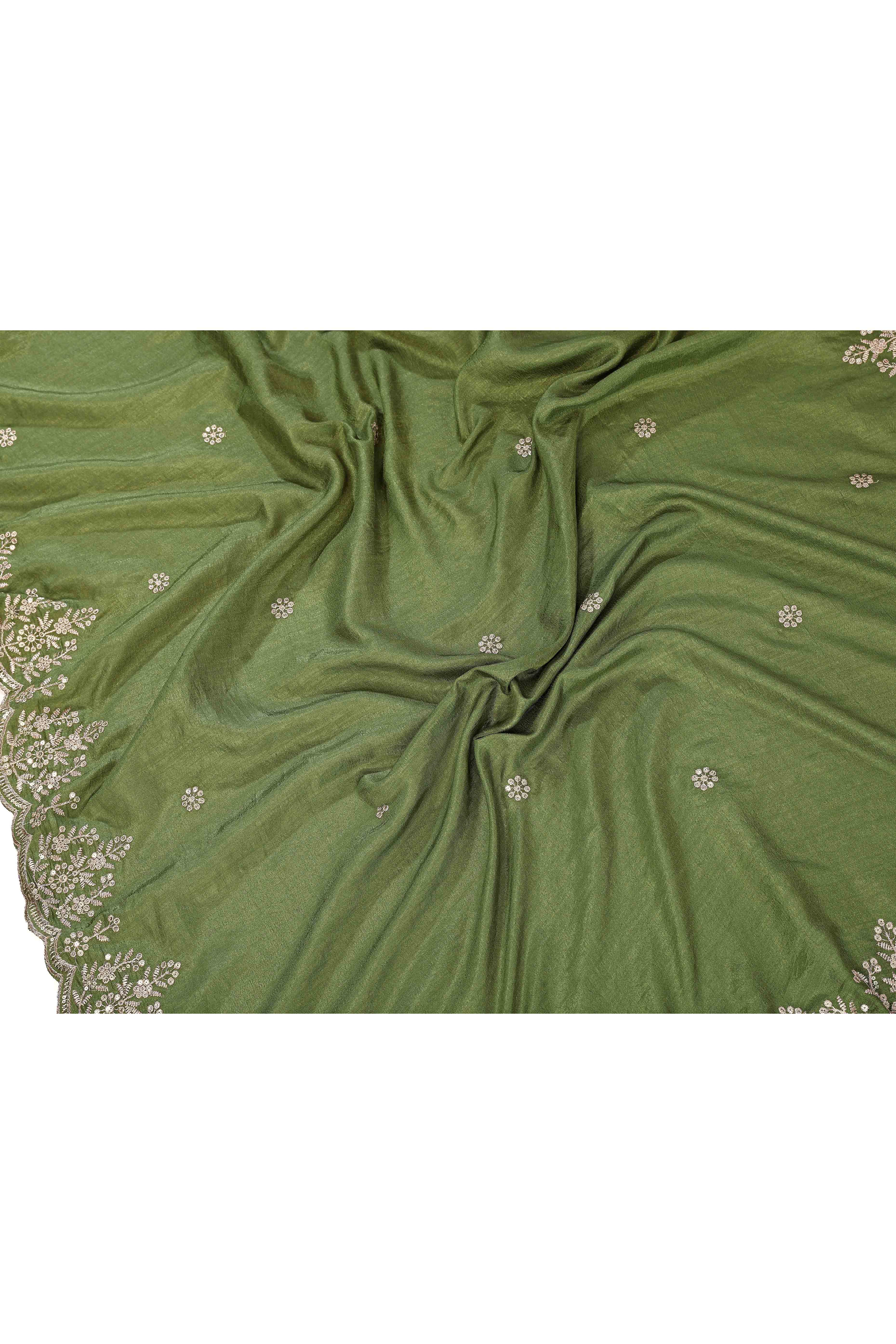 Green Zari Embroidered Saree In Vichitra Silk With Shimmering Floral Sequins Work