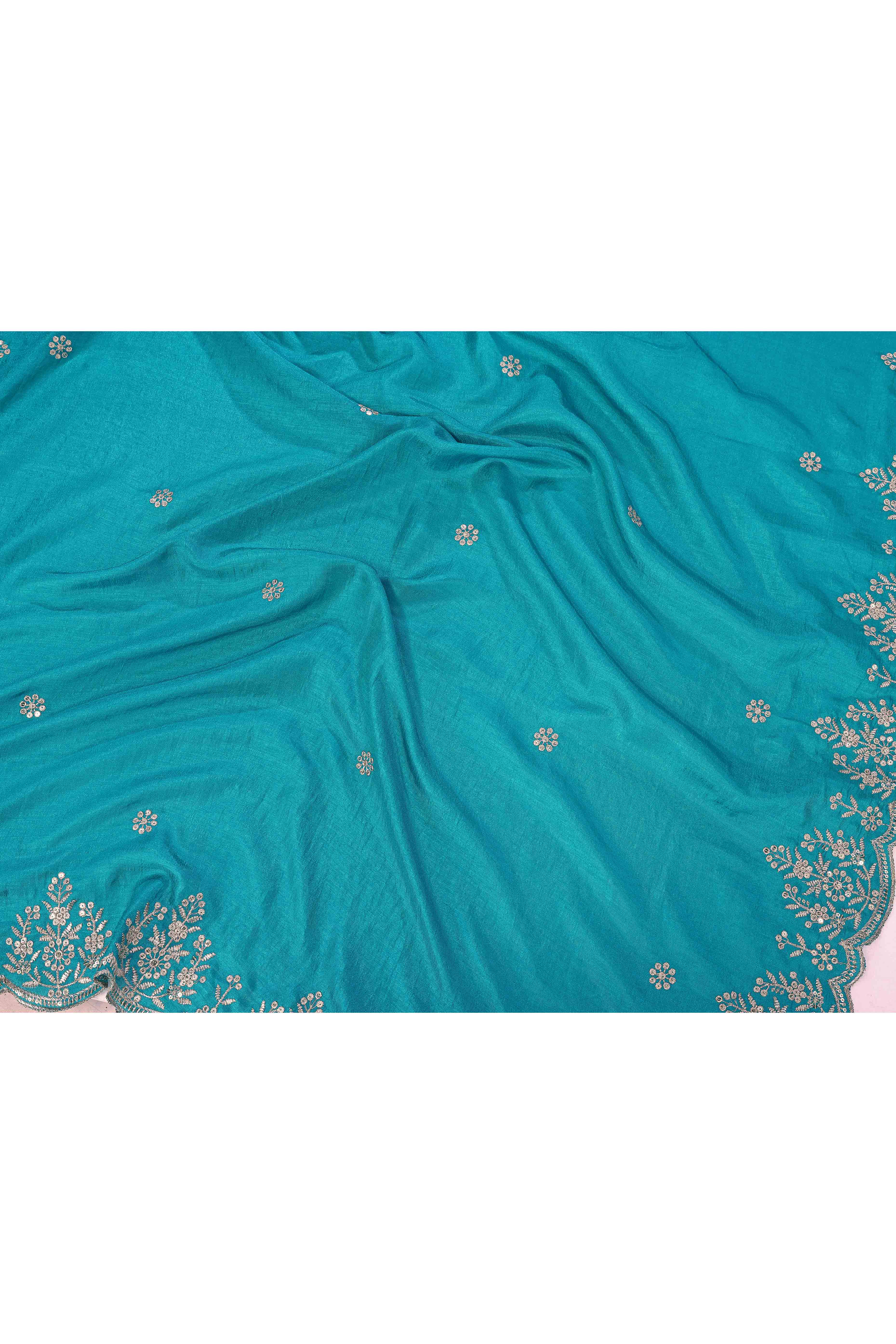 Turquoise Zari Embroidered Saree In Vichitra Silk With Shimmering Floral Sequins Work