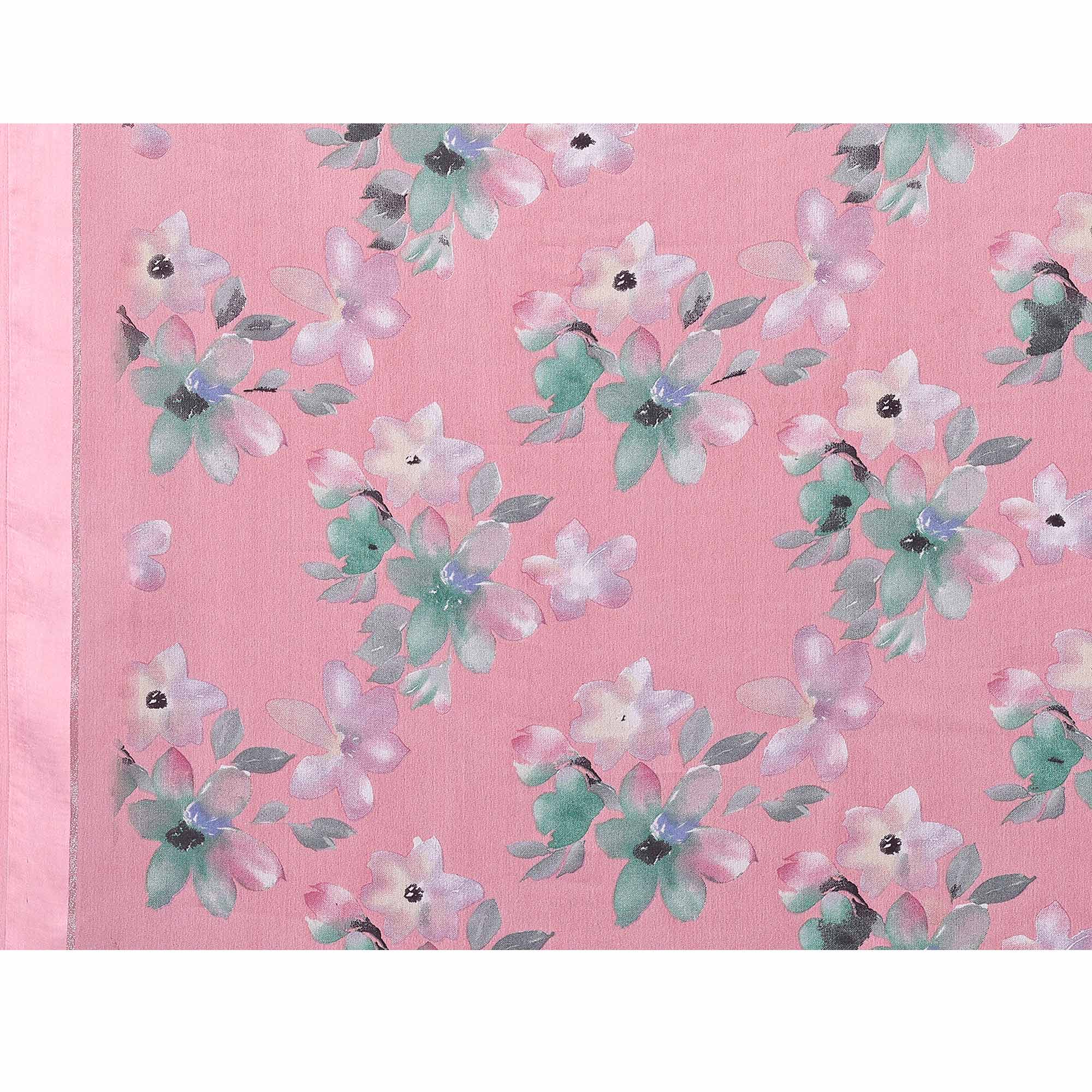 Pink Floral Printed Moss Art Silk Saree