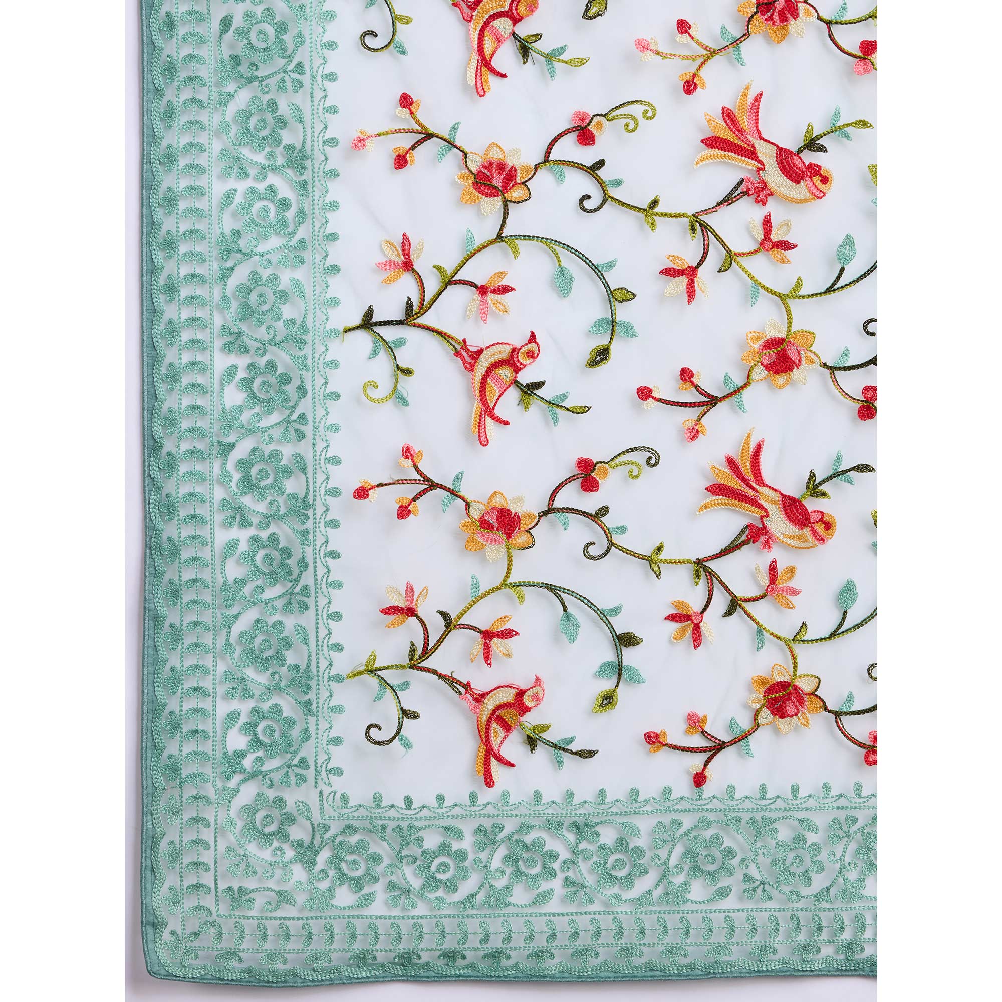 Sea Green Floral Embroidered Net Saree