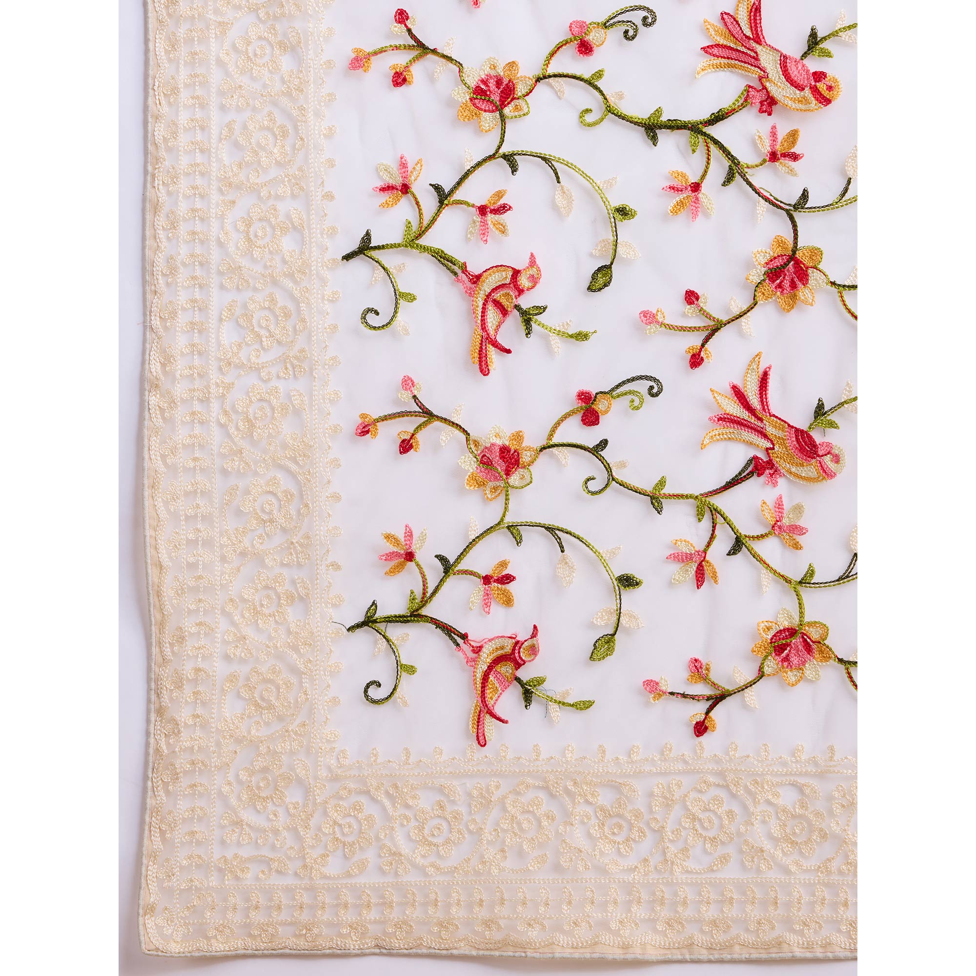 Off White Floral Embroidered Net Saree